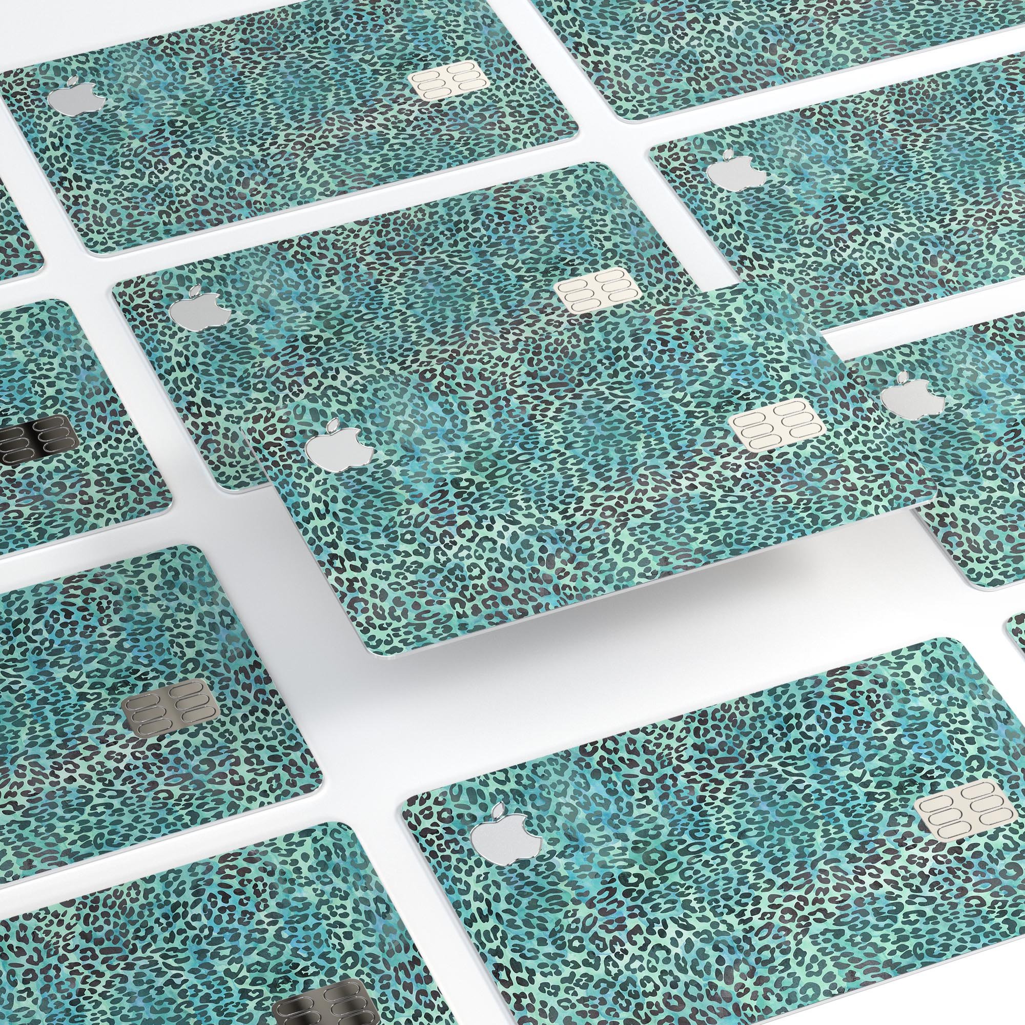 Blue-green watercolor leopard pattern protective decal for Apple Card, showcasing vibrant colors and stylish design.