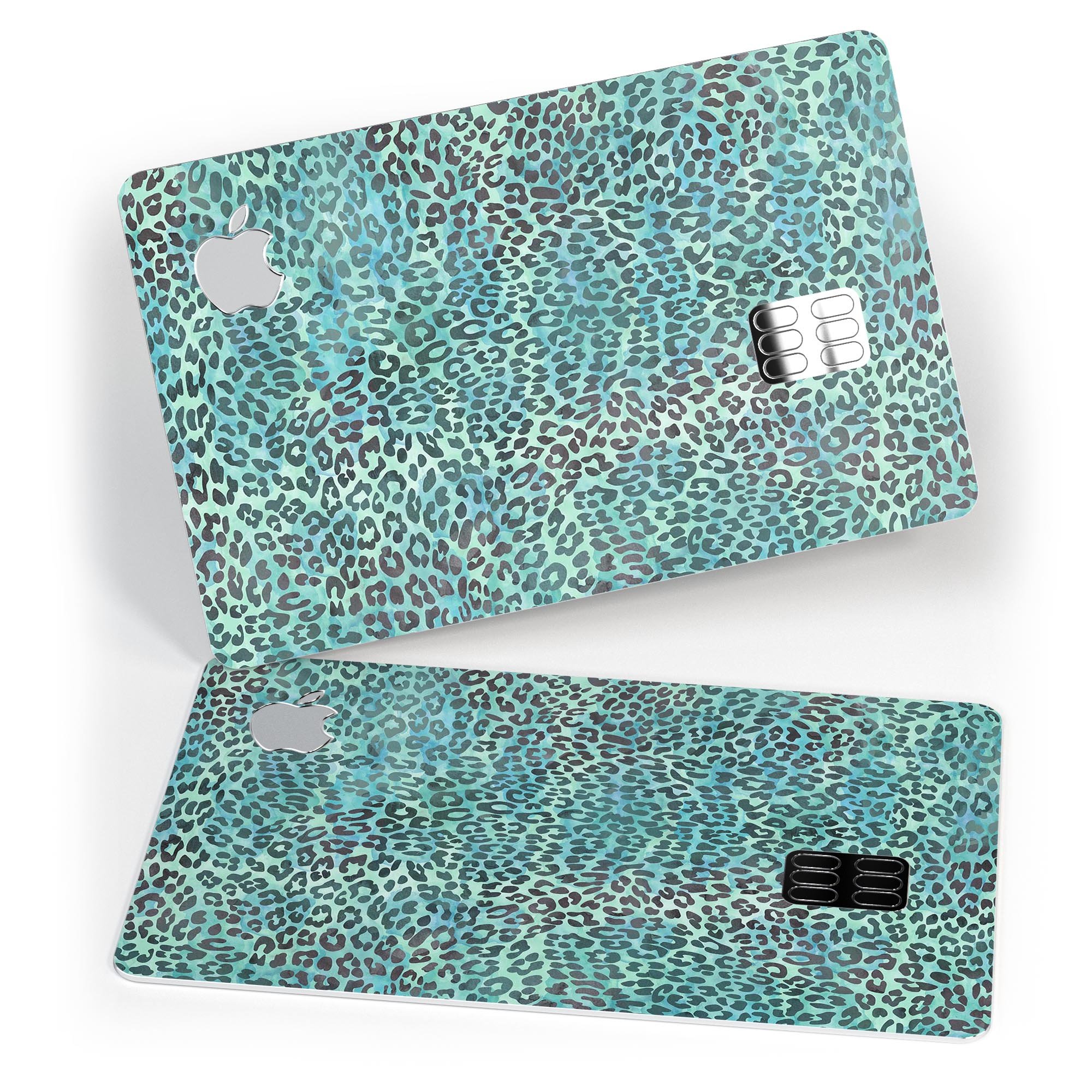 Blue-green watercolor leopard pattern protective decal for Apple Card, showcasing vibrant colors and stylish design.