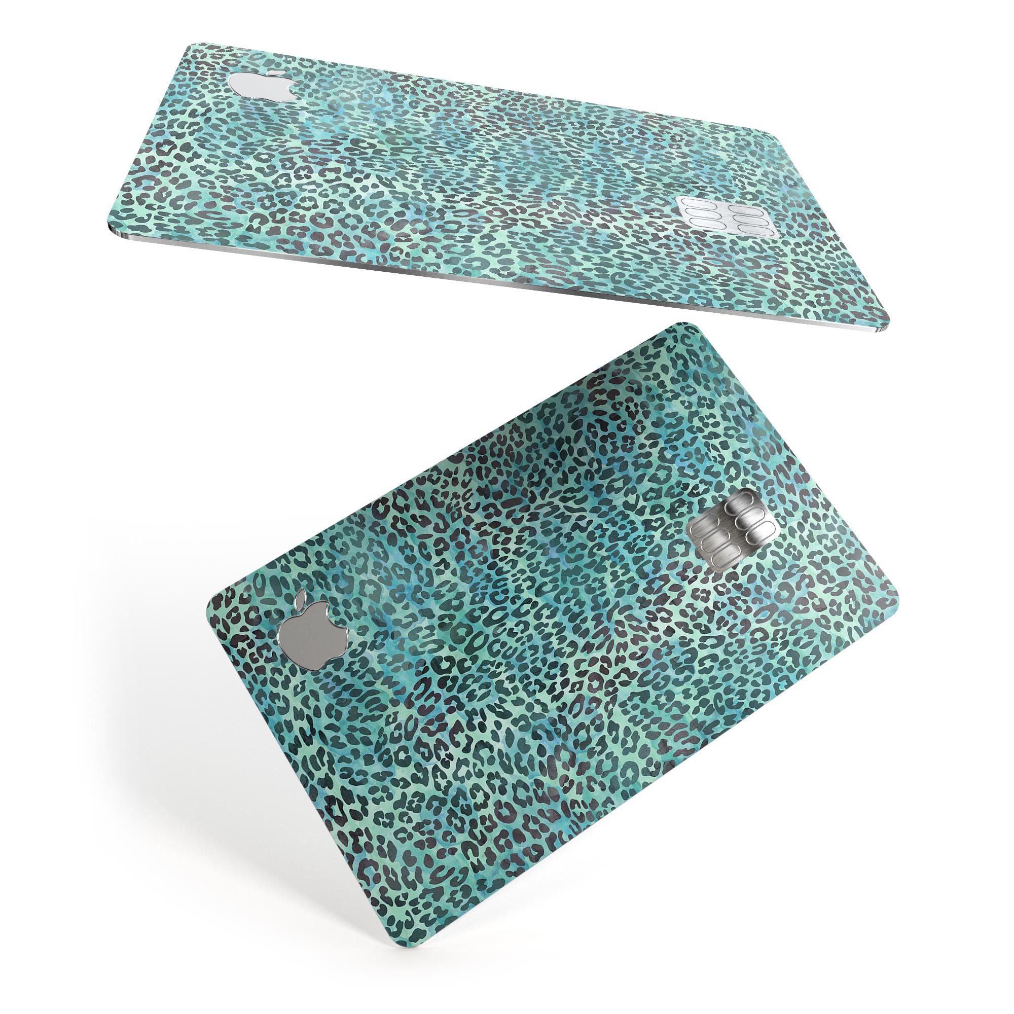 Blue-green watercolor leopard pattern protective decal for Apple Card, showcasing vibrant colors and stylish design.