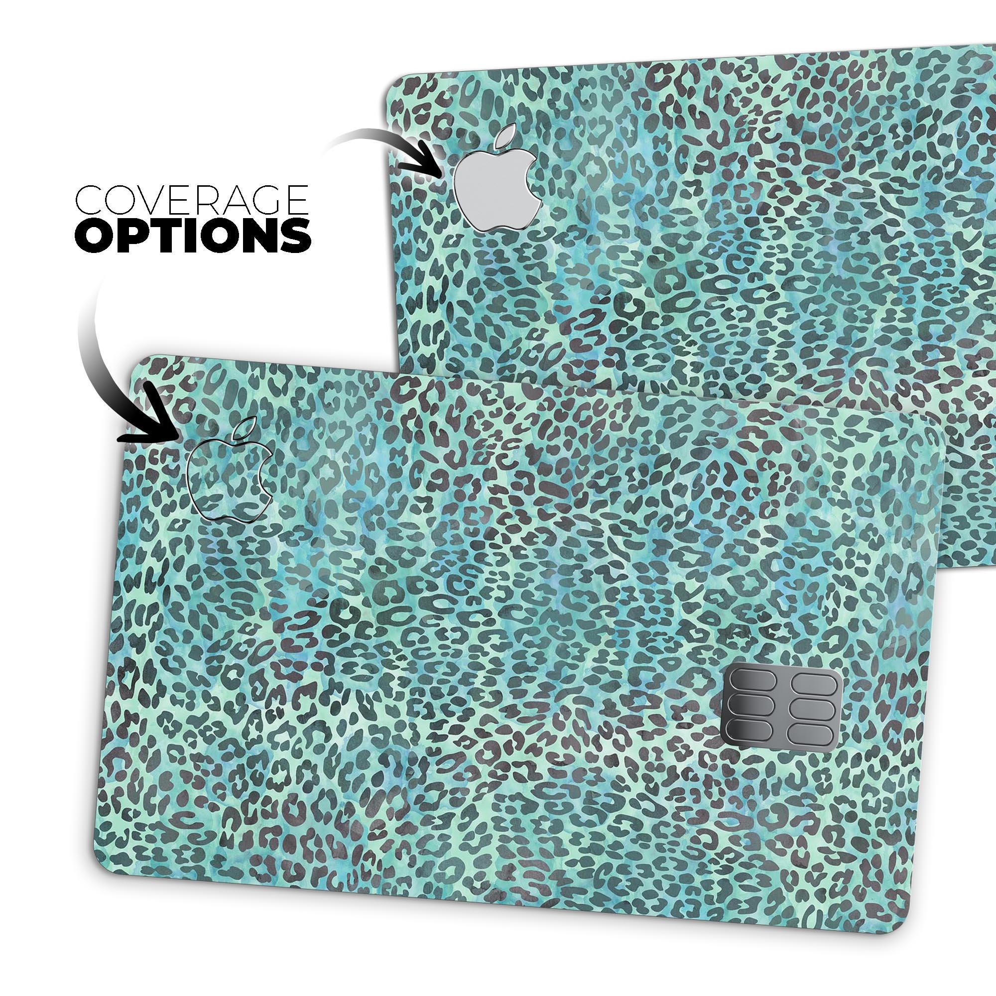 Blue-green watercolor leopard pattern protective decal for Apple Card, showcasing vibrant colors and stylish design.