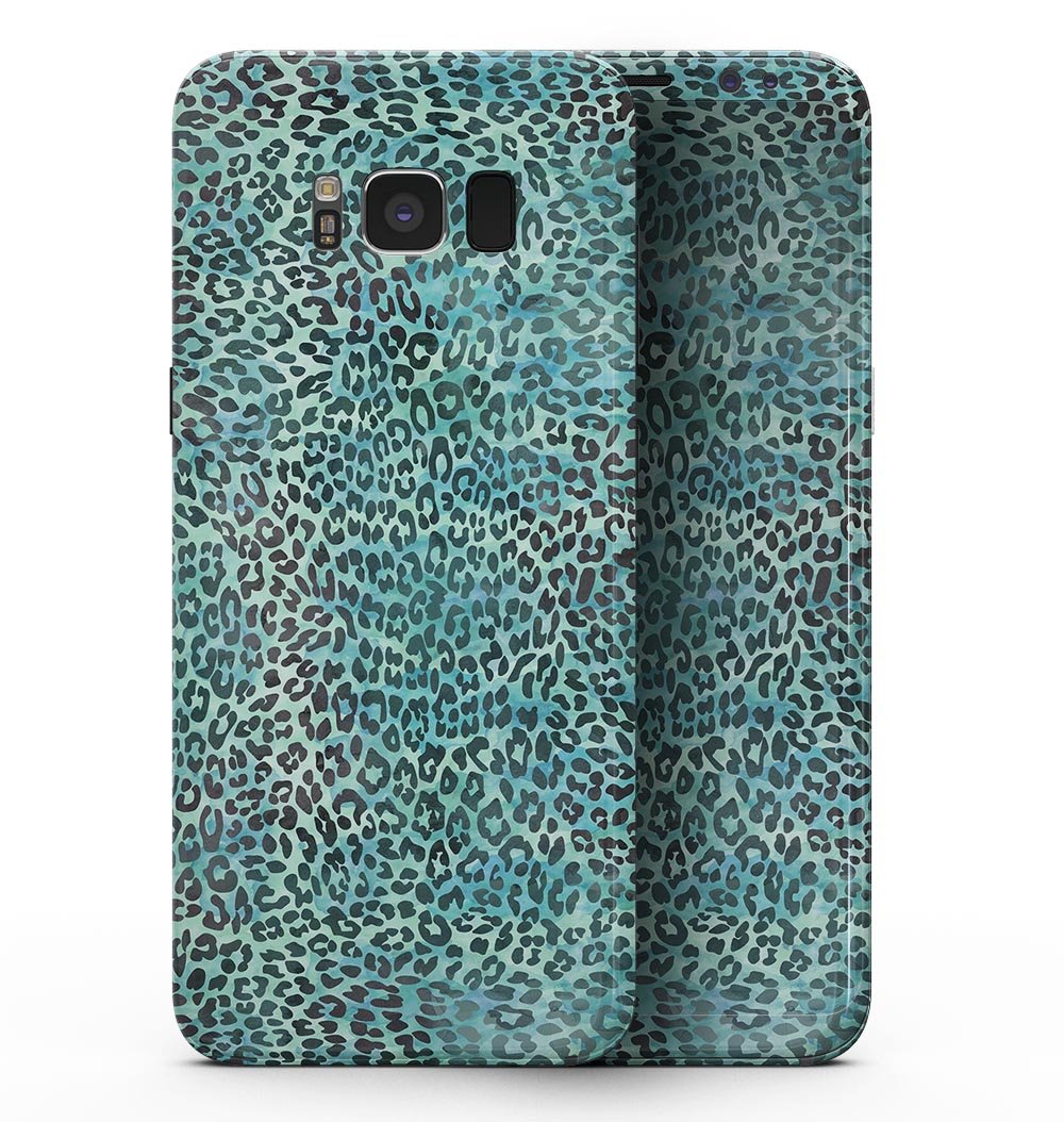 Samsung Galaxy S8 with Blue-Green Watercolor Leopard Pattern skin, showcasing vibrant colors and stylish design.