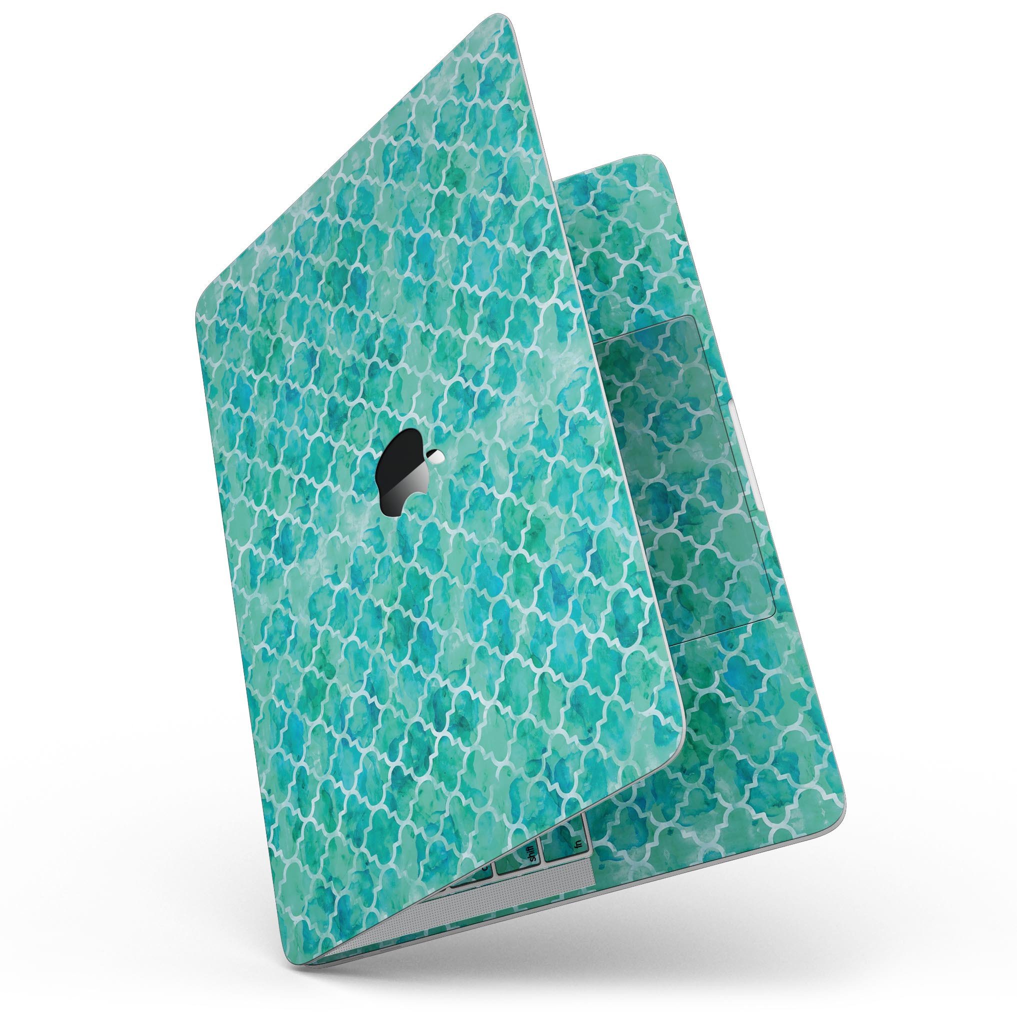 Blue-Green Watercolor Quatrefoil skin for 13" MacBook Pro without Touch Bar, showcasing vibrant colors and intricate design.