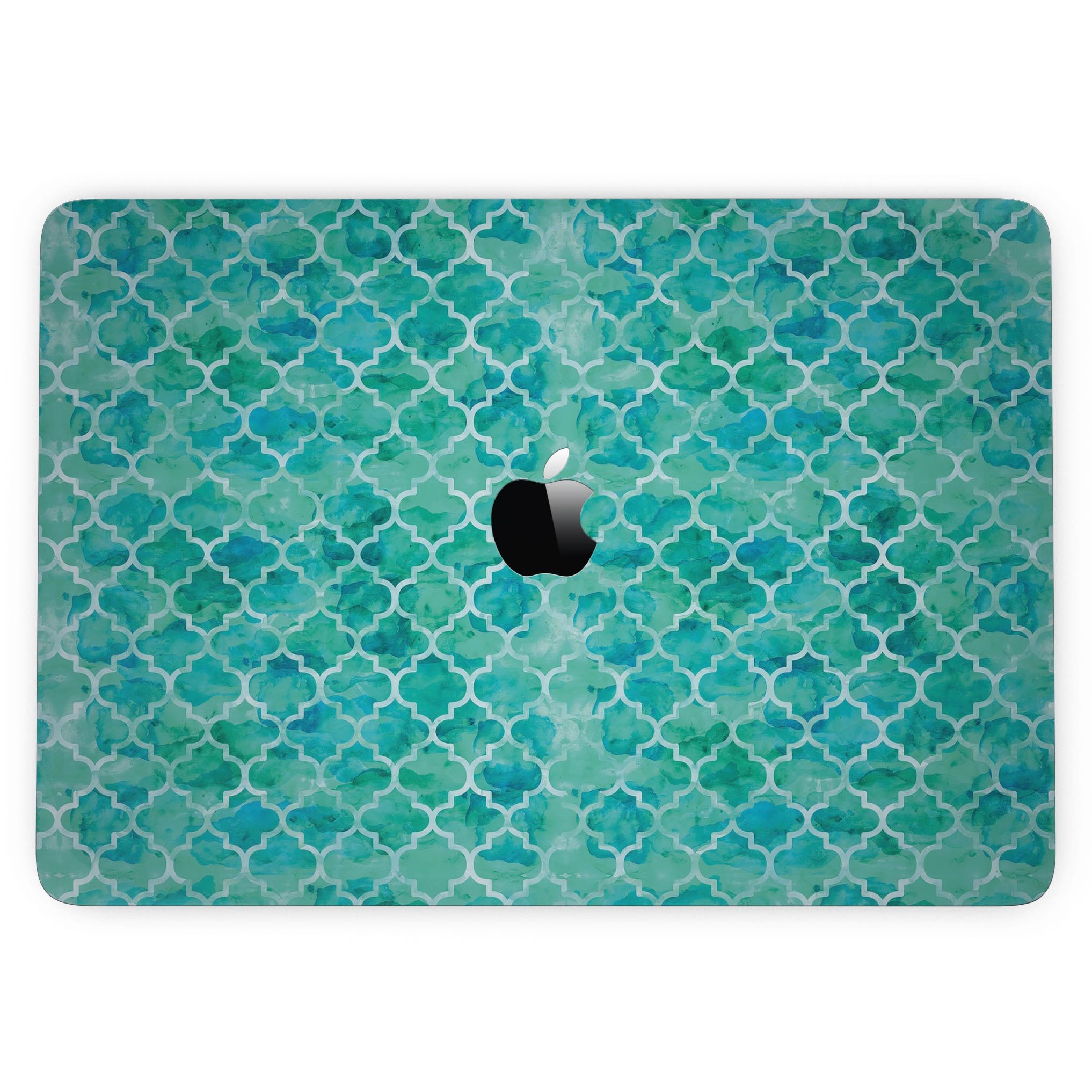 Blue-Green Watercolor Quatrefoil skin for 13" MacBook Pro without Touch Bar, showcasing vibrant colors and intricate design.