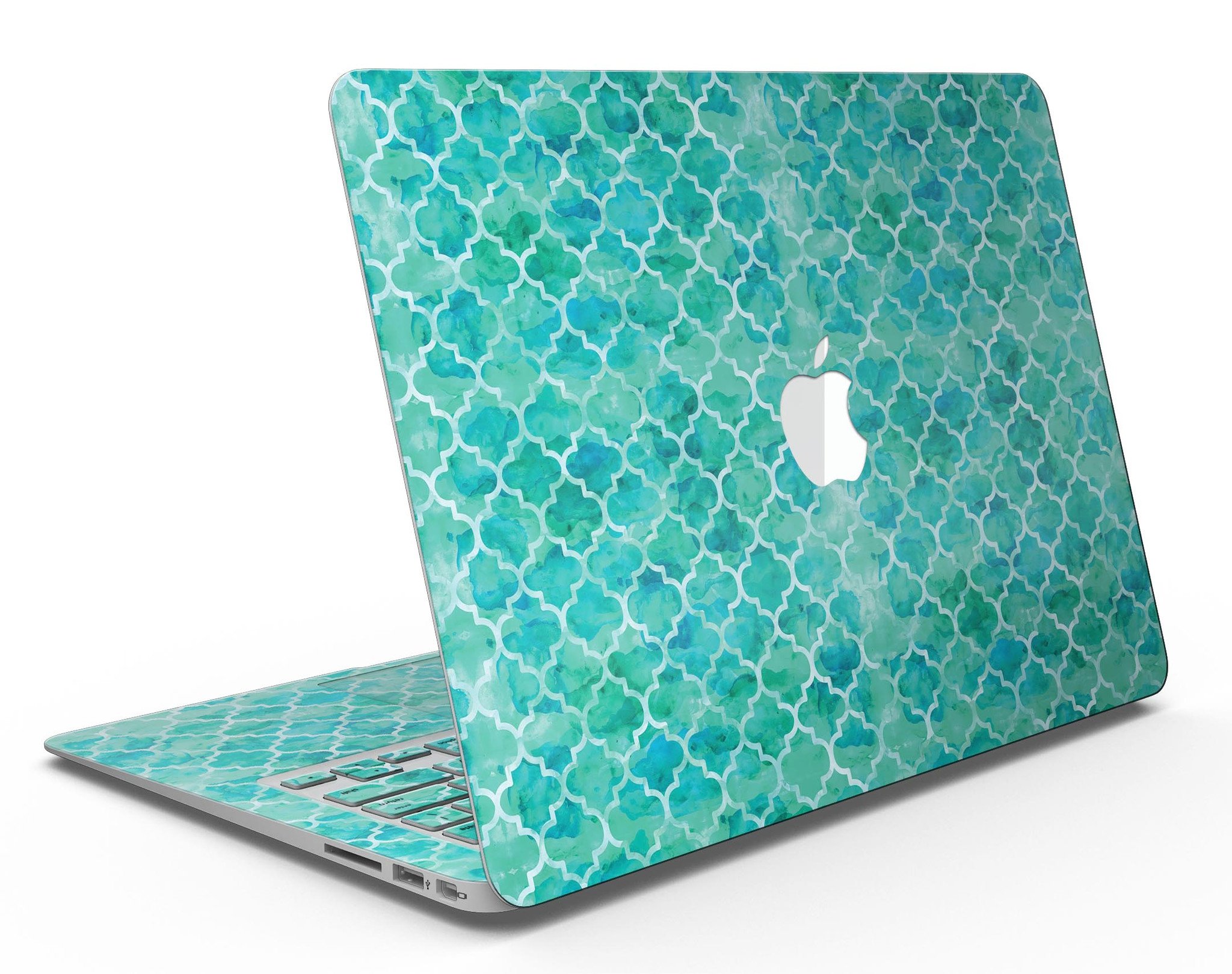 Blue-Green Watercolor Quatrefoil skin applied to a MacBook Air, showcasing its vibrant design and sleek fit.