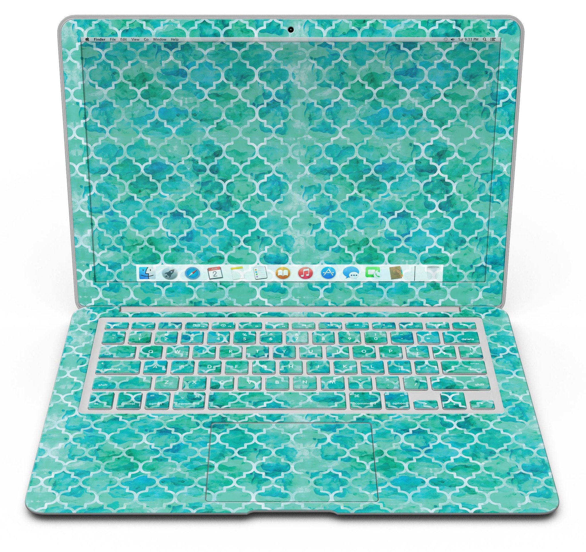 Blue-Green Watercolor Quatrefoil skin applied to a MacBook Air, showcasing its vibrant design and sleek fit.