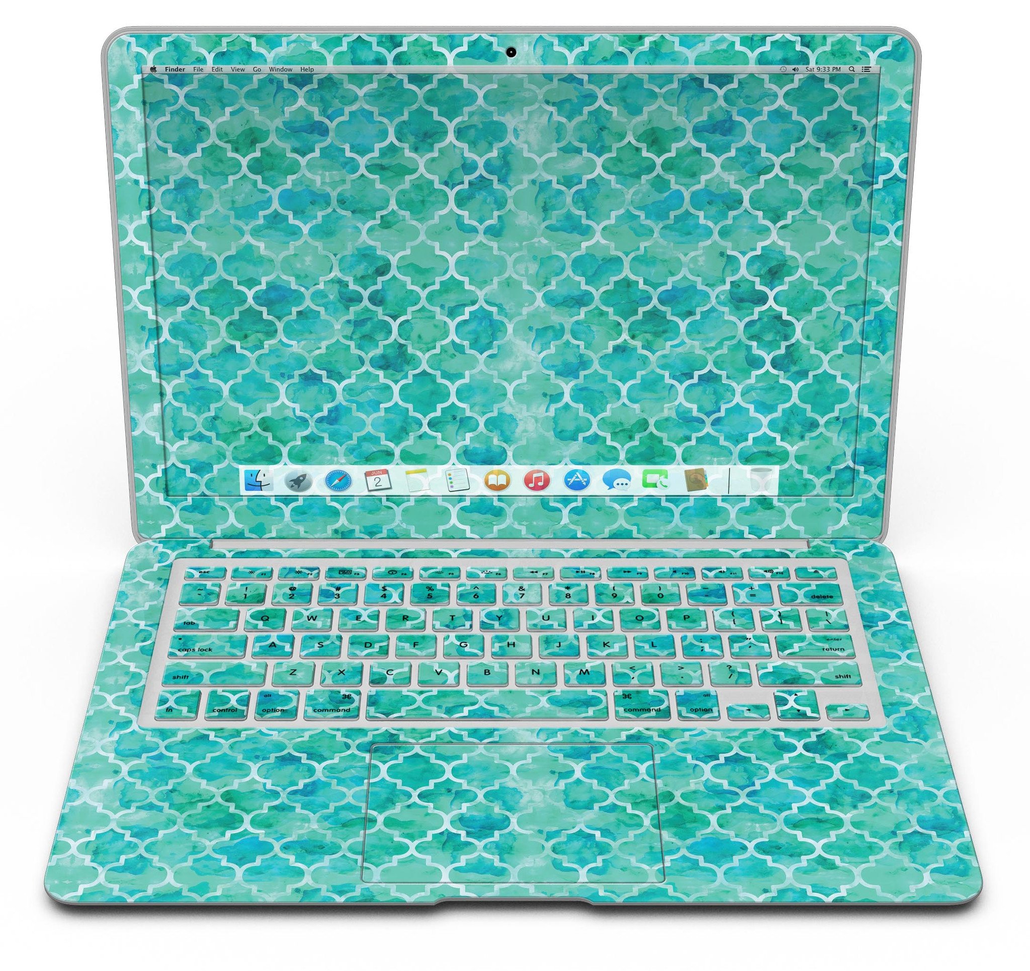 Blue-Green Watercolor Quatrefoil skin applied to a MacBook Air, showcasing its vibrant design and sleek fit.