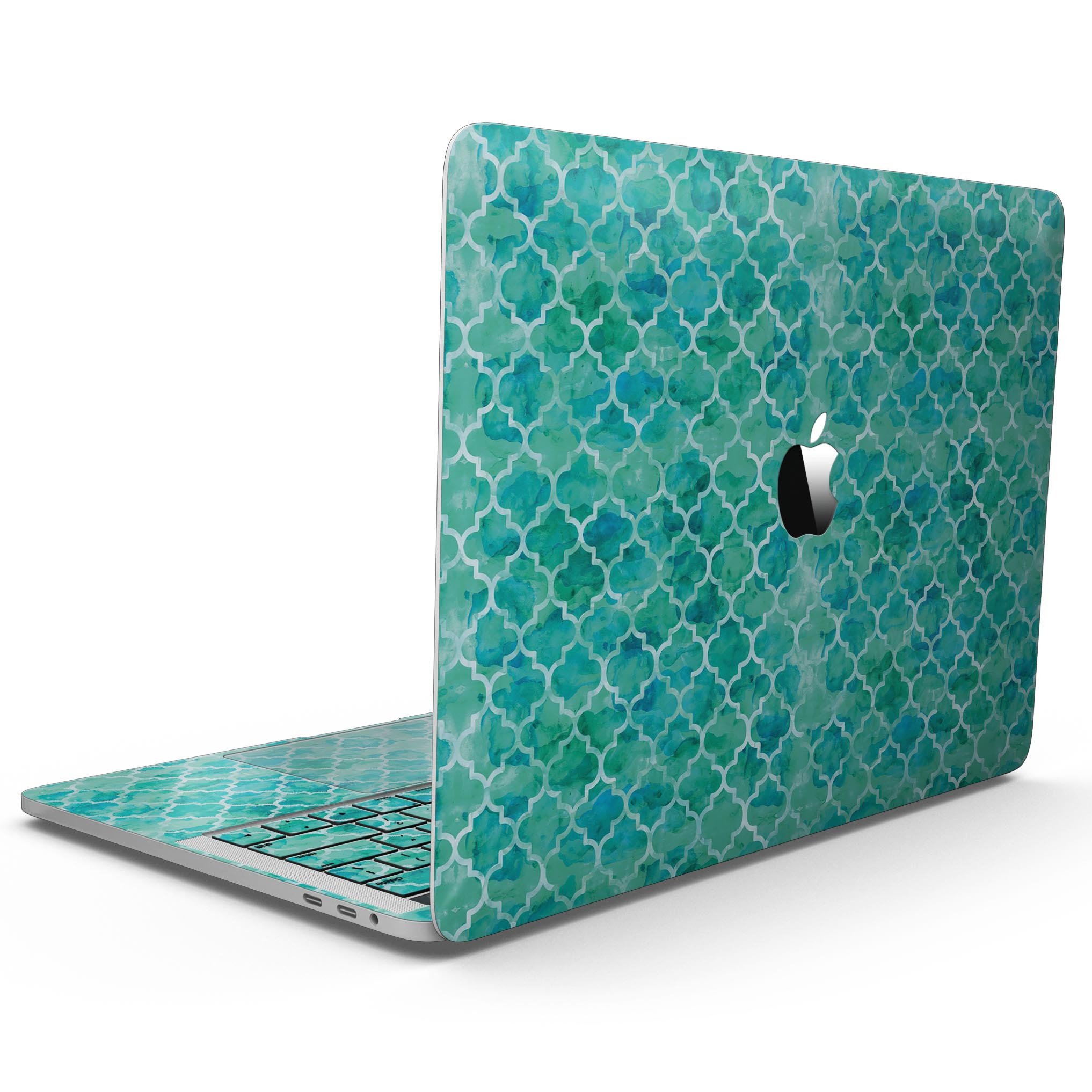 Blue-Green Watercolor Quatrefoil skin for MacBook Pro with Touch Bar, showcasing a vibrant watercolor pattern on a sleek device.