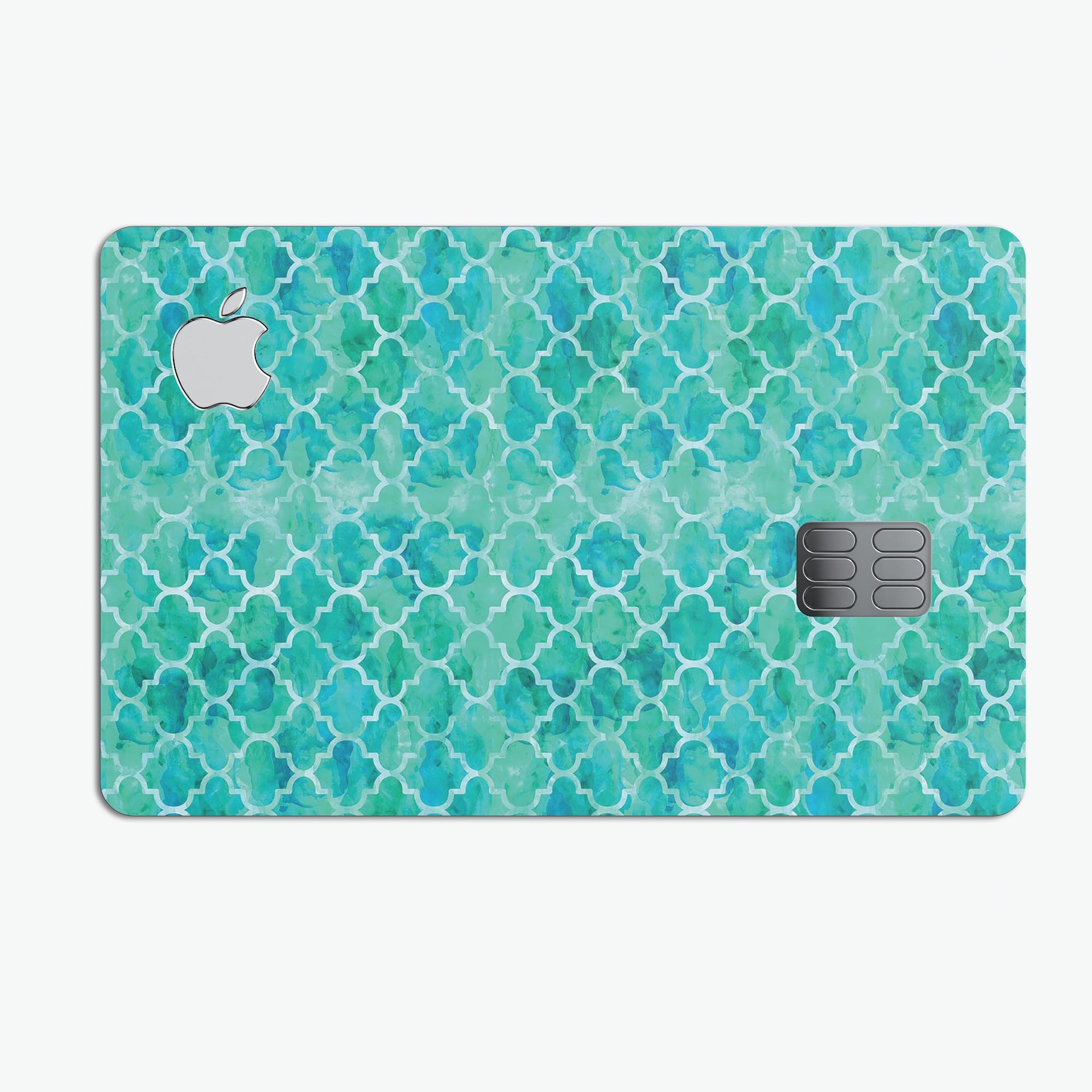 Blue-Green Watercolor Quatrefoil decal skin for Apple Card, showcasing a vibrant watercolor design with a quatrefoil pattern.