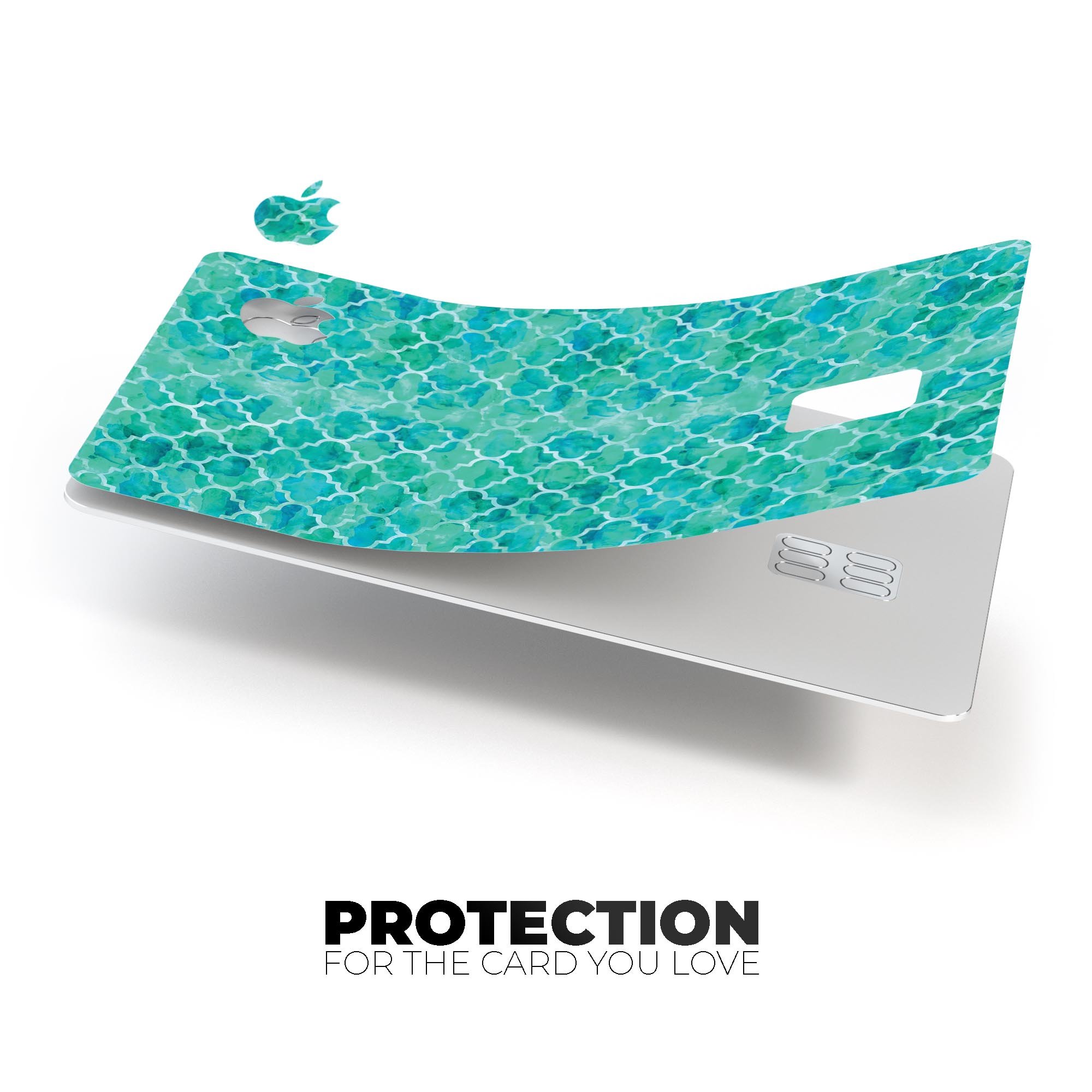 Blue-Green Watercolor Quatrefoil decal skin for Apple Card, showcasing a vibrant watercolor design with a quatrefoil pattern.