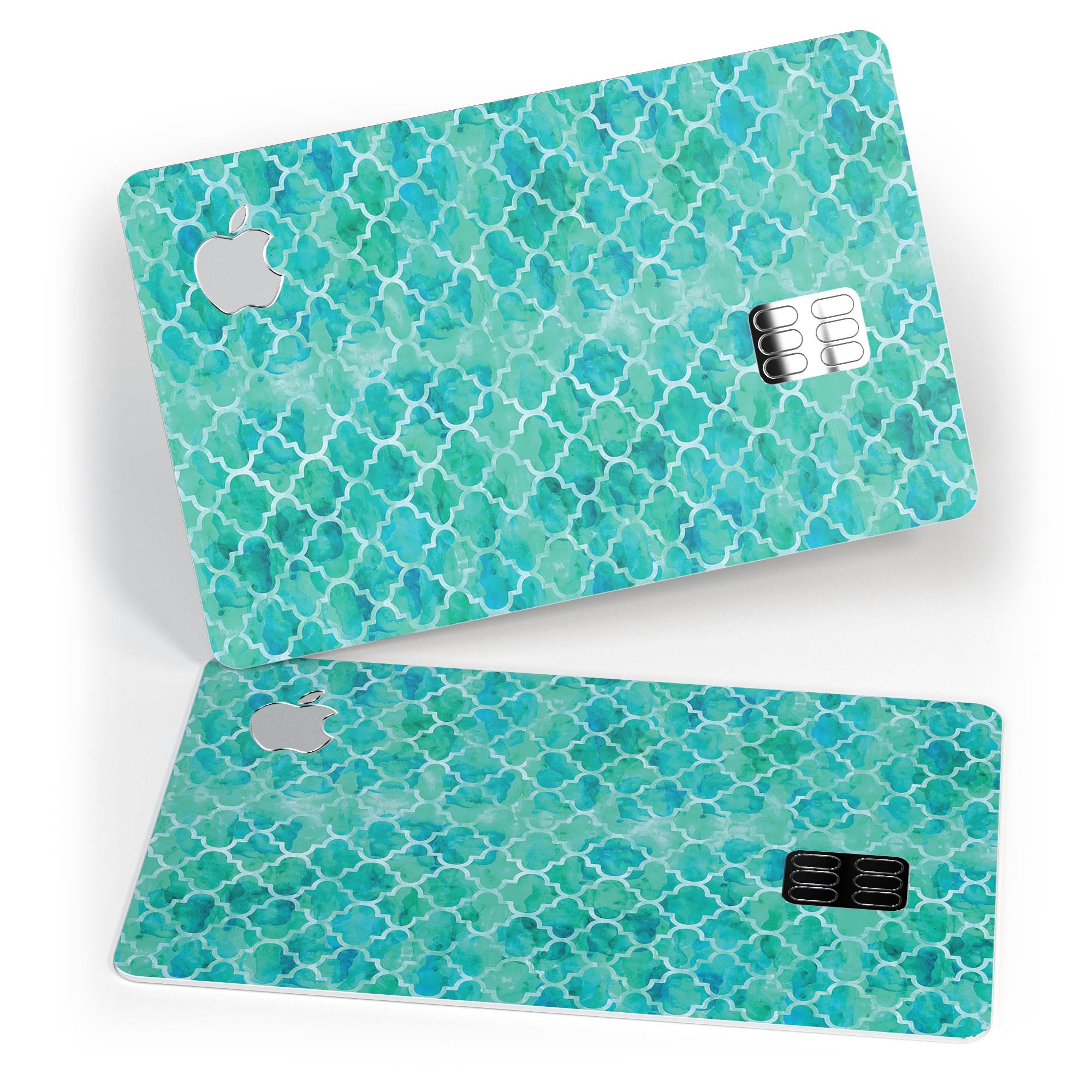 Blue-Green Watercolor Quatrefoil decal skin for Apple Card, showcasing a vibrant watercolor design with a quatrefoil pattern.