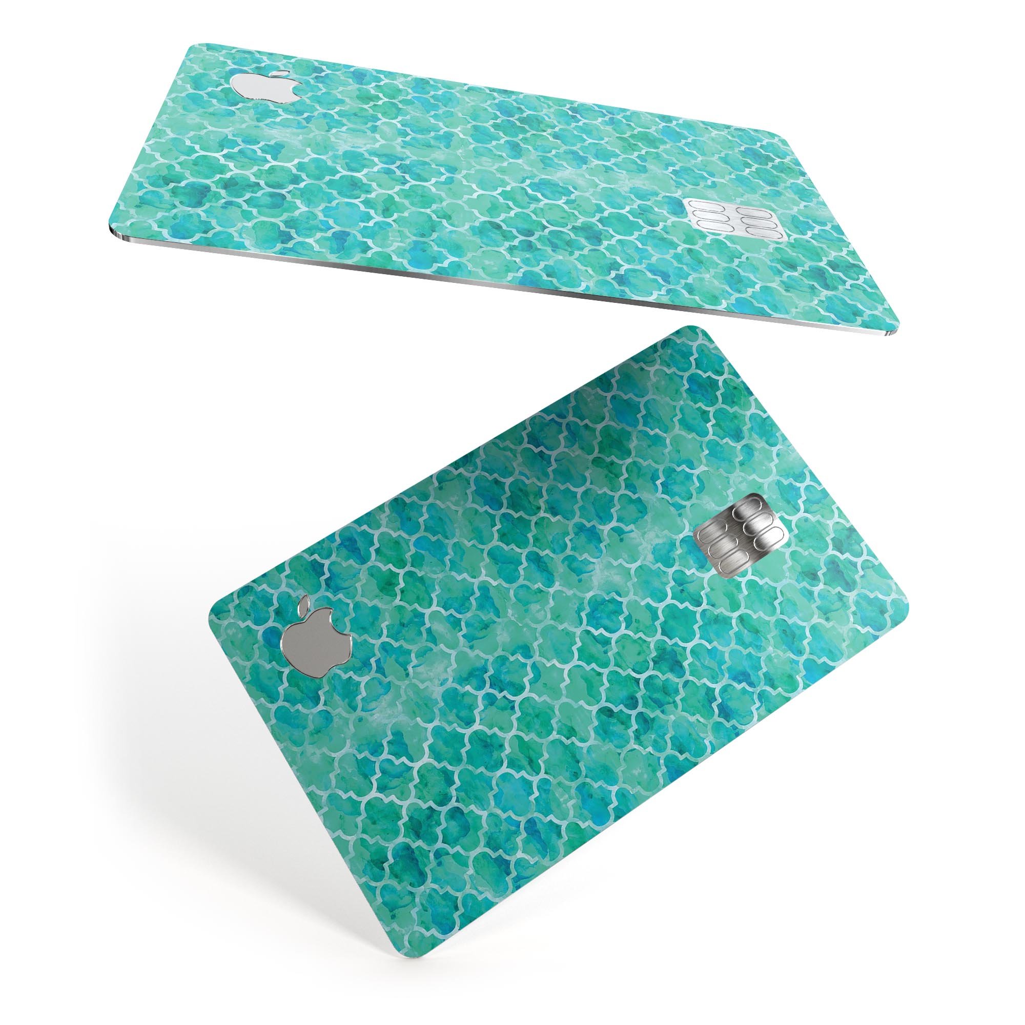 Blue-Green Watercolor Quatrefoil decal skin for Apple Card, showcasing a vibrant watercolor design with a quatrefoil pattern.