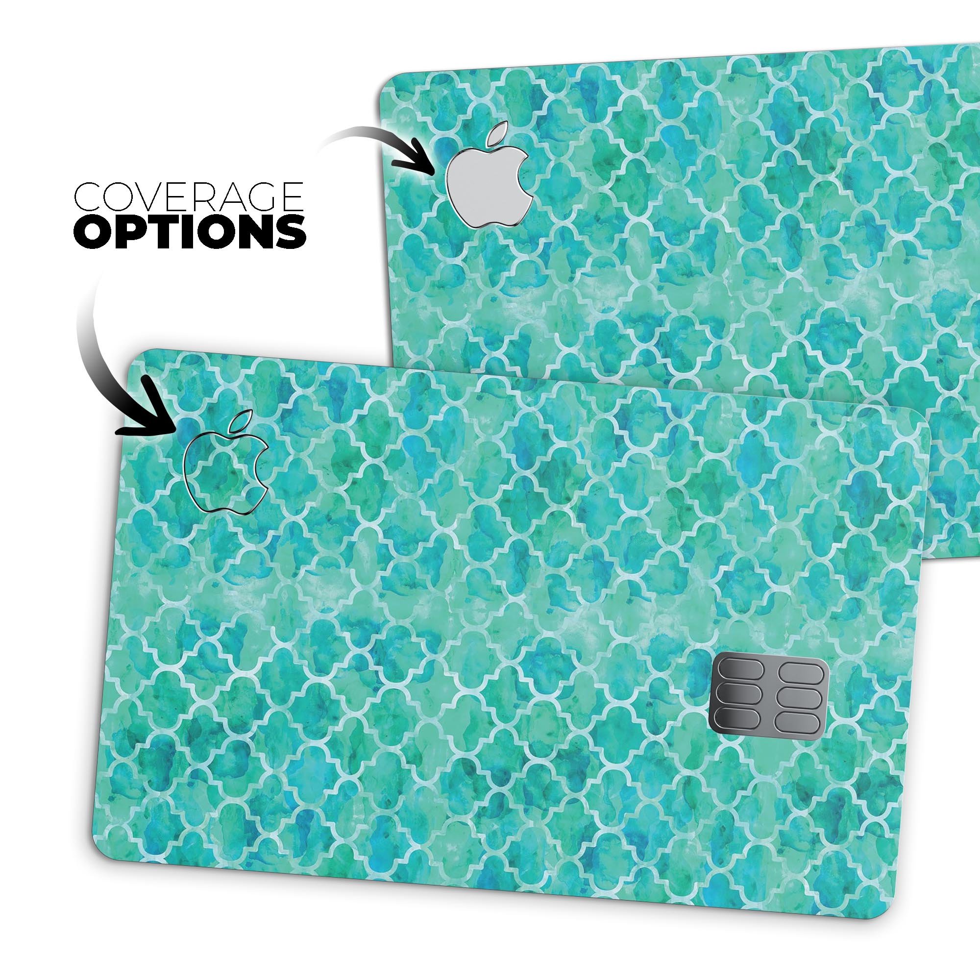 Blue-Green Watercolor Quatrefoil decal skin for Apple Card, showcasing a vibrant watercolor design with a quatrefoil pattern.