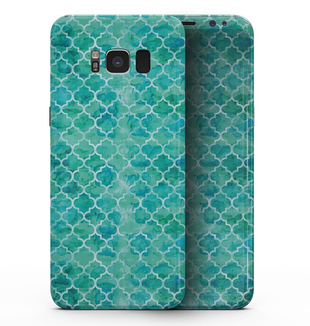 Blue-Green Watercolor Quatrefoil skin for Samsung Galaxy S8, showcasing vibrant colors and intricate design.