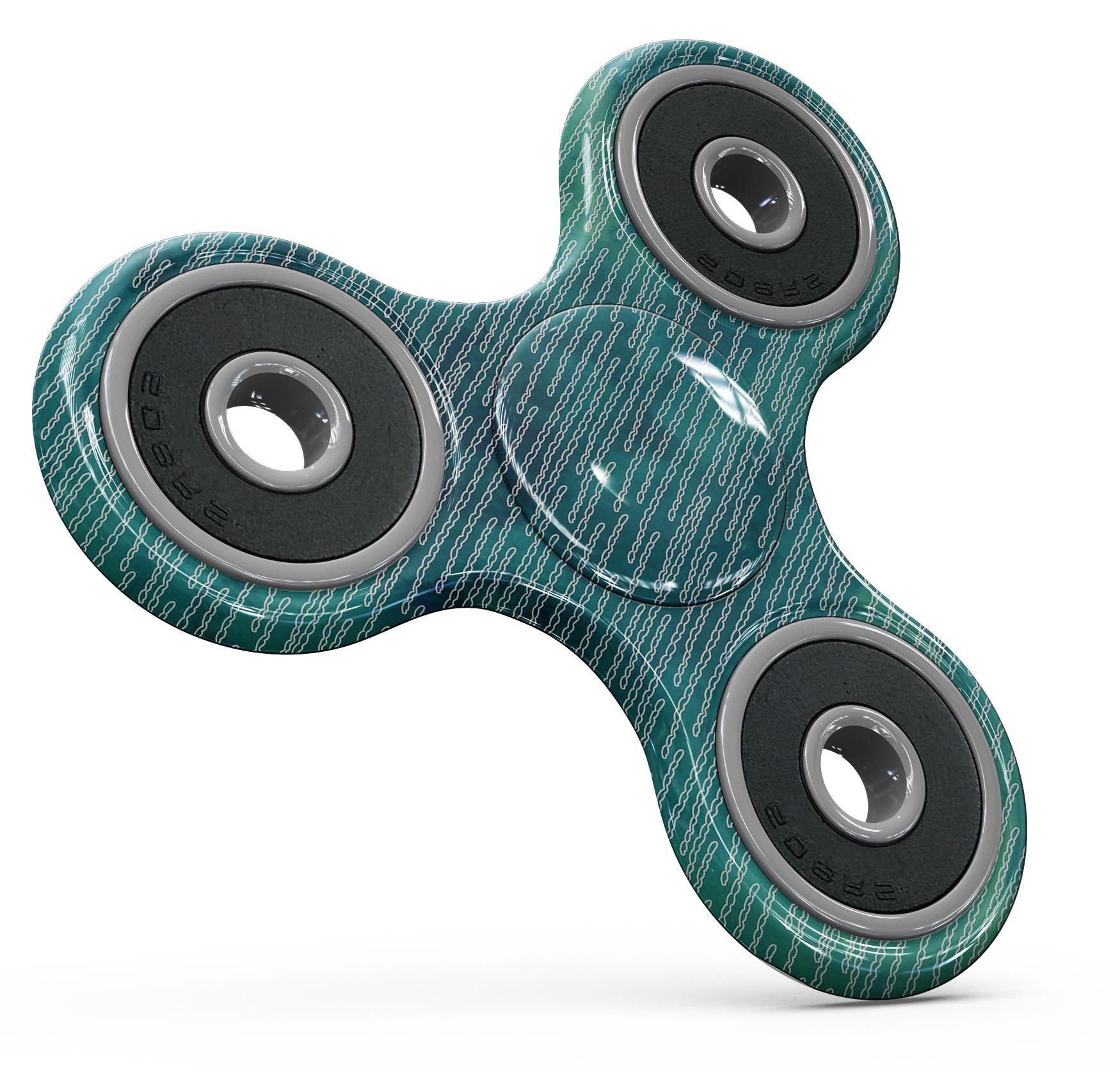 Blue-green watercolor squiggles design on a fidget spinner skin kit, showcasing vibrant colors and unique patterns.