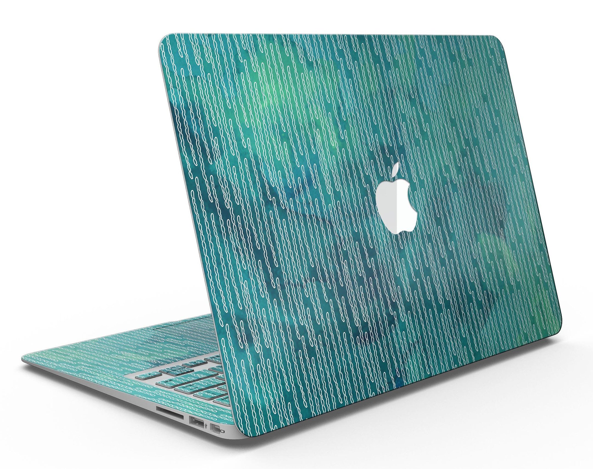 Blue-green watercolor squiggles design MacBook Air skin kit, showcasing vibrant colors and artistic patterns.