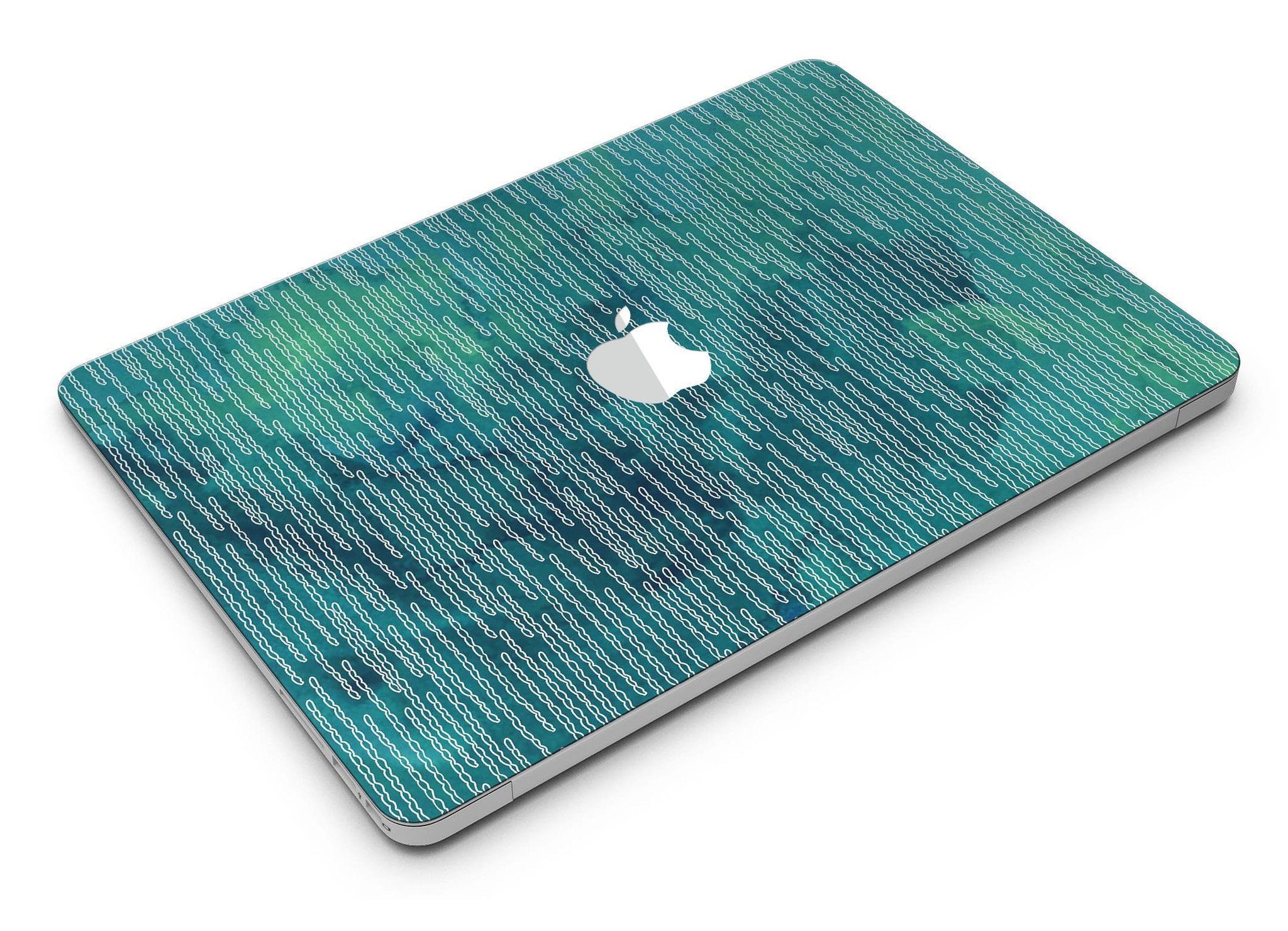 Blue-green watercolor squiggles design MacBook Air skin kit, showcasing vibrant colors and artistic patterns.