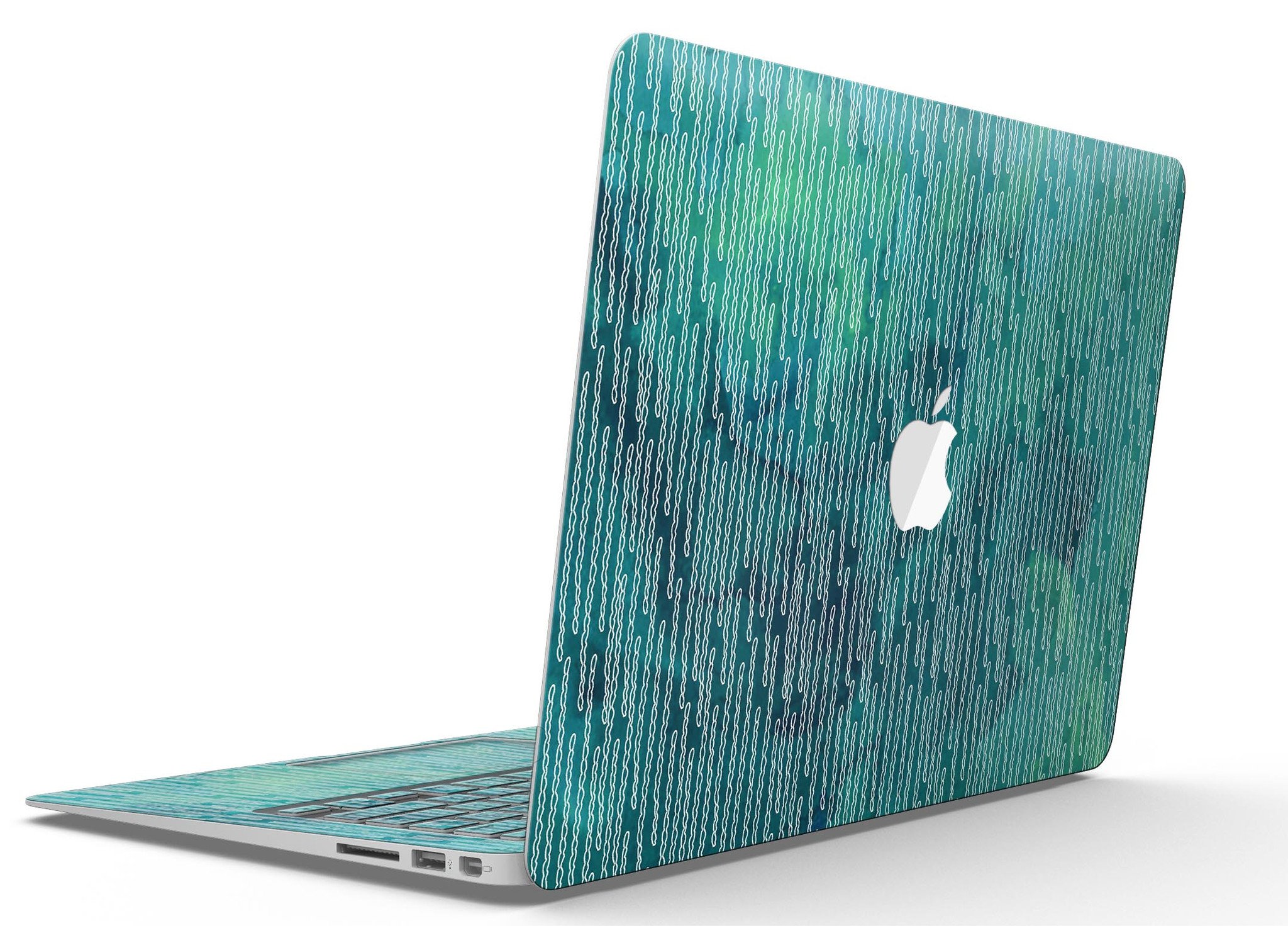 Blue-green watercolor squiggles design MacBook Air skin kit, showcasing vibrant colors and artistic patterns.