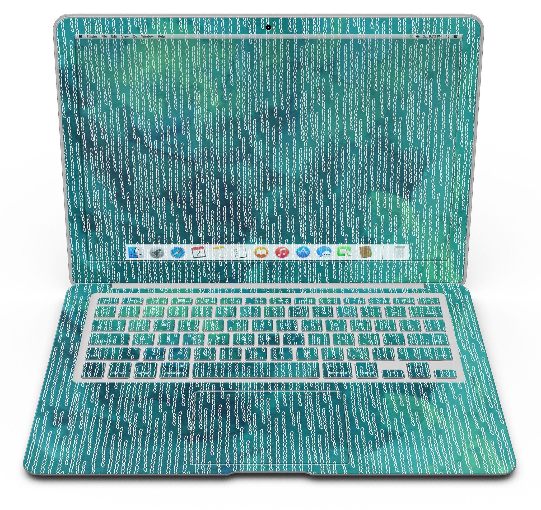 Blue-green watercolor squiggles design MacBook Air skin kit, showcasing vibrant colors and artistic patterns.