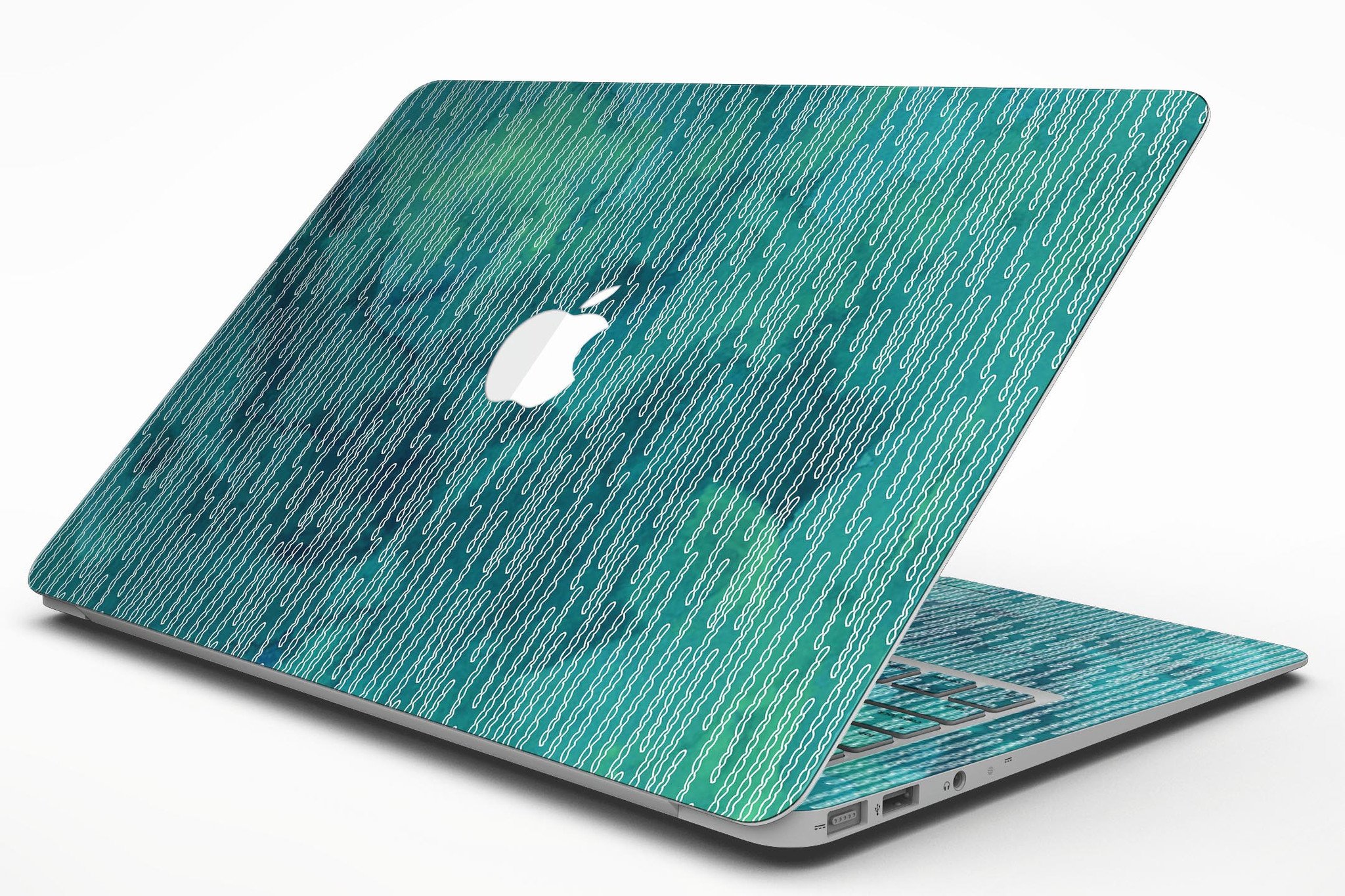 Blue-green watercolor squiggles design MacBook Air skin kit, showcasing vibrant colors and artistic patterns.