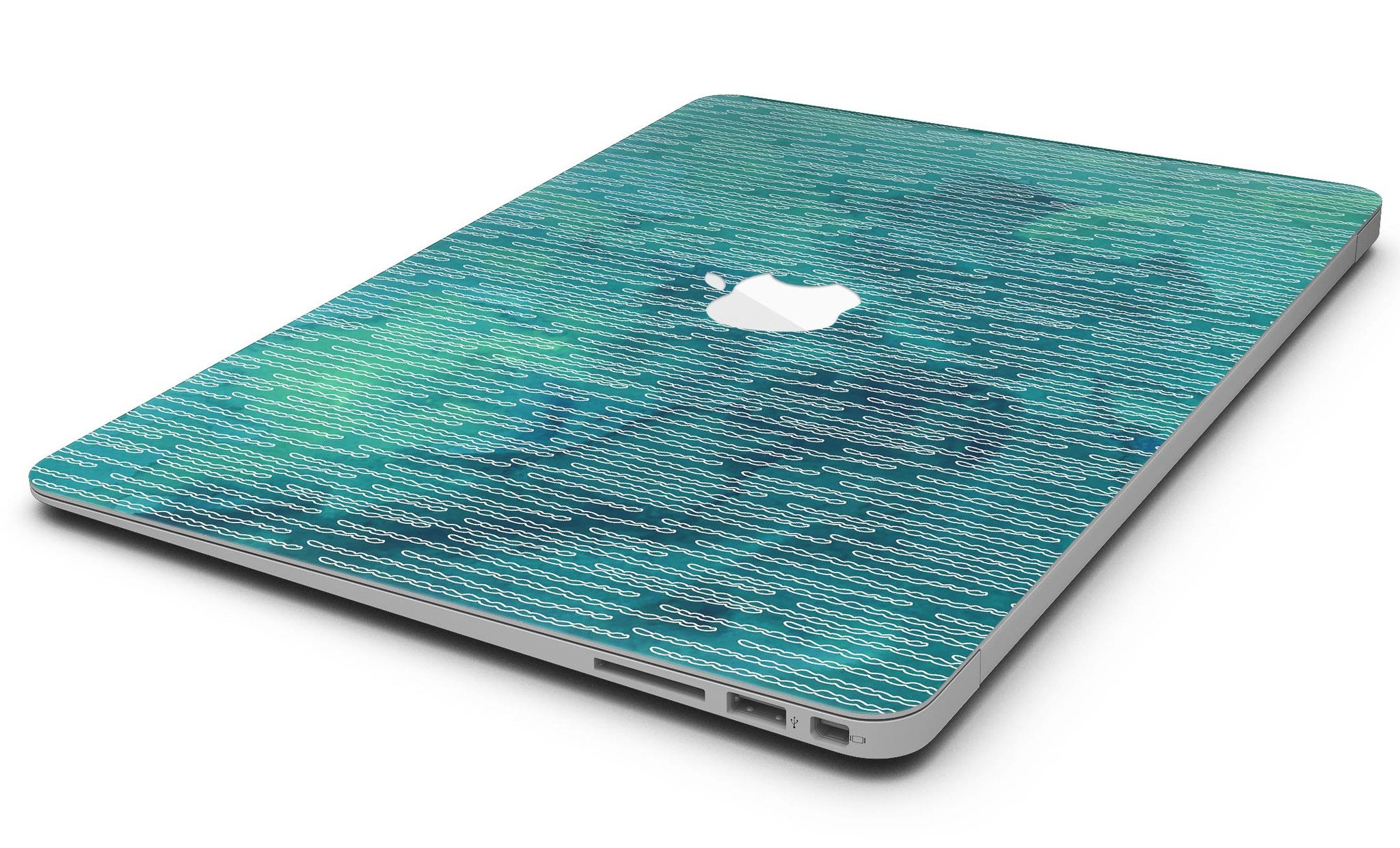 Blue-green watercolor squiggles design MacBook Air skin kit, showcasing vibrant colors and artistic patterns.