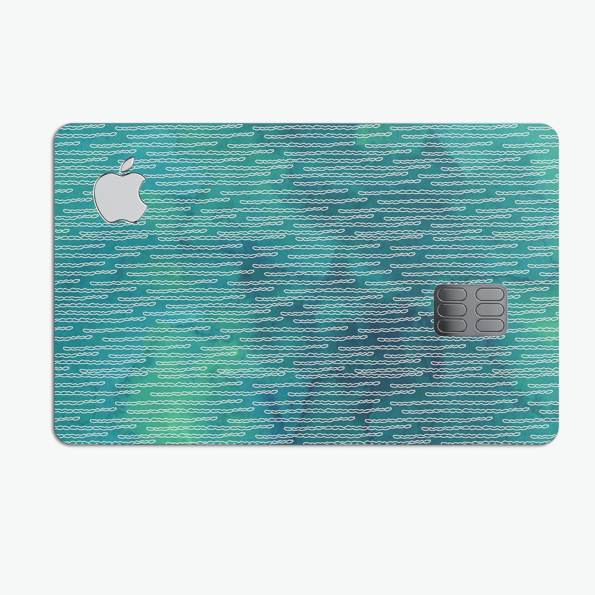 Blue-Green Watercolor Squiggles decal skin for Apple Card, showcasing vibrant colors and a stylish design.