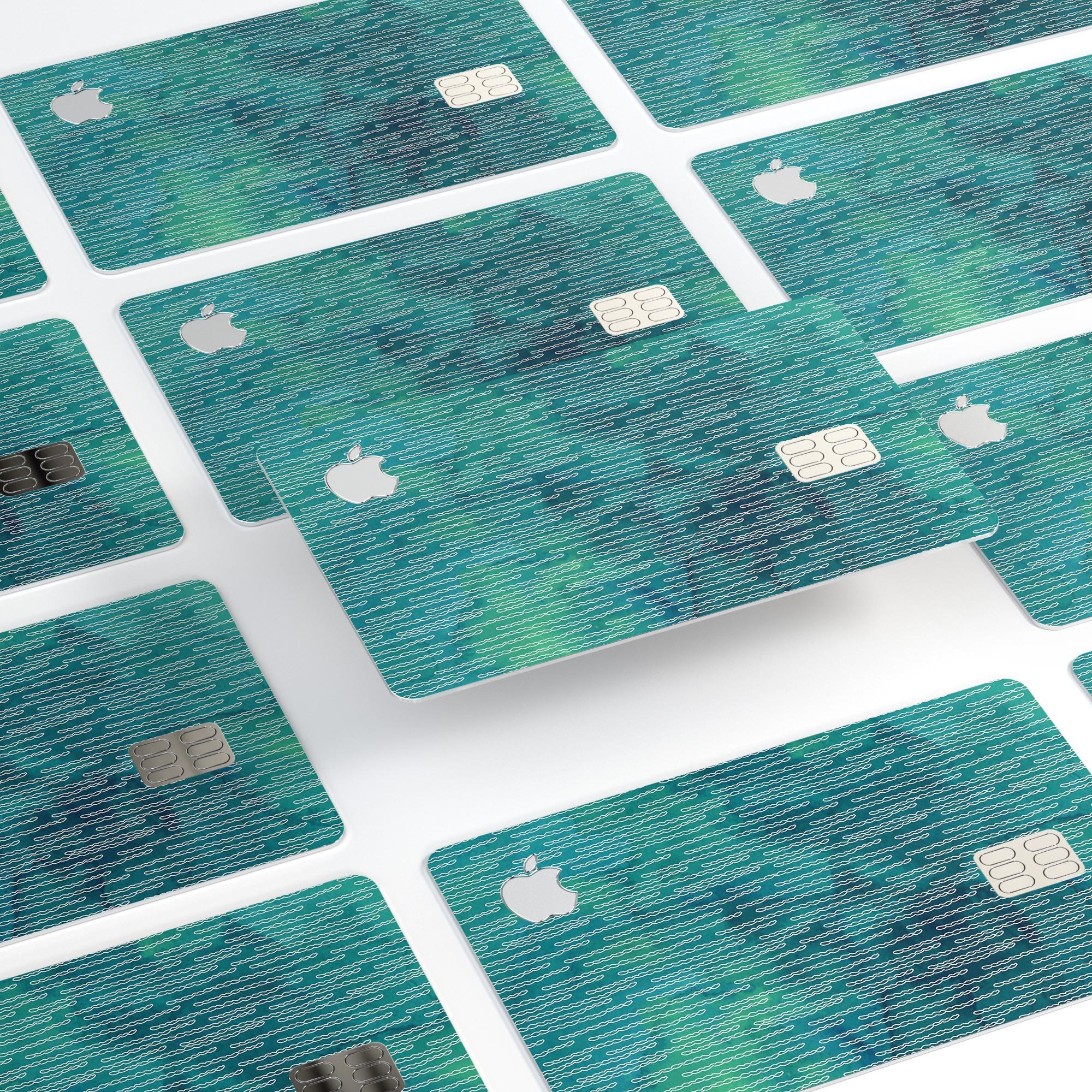 Blue-Green Watercolor Squiggles decal skin for Apple Card, showcasing vibrant colors and a stylish design.