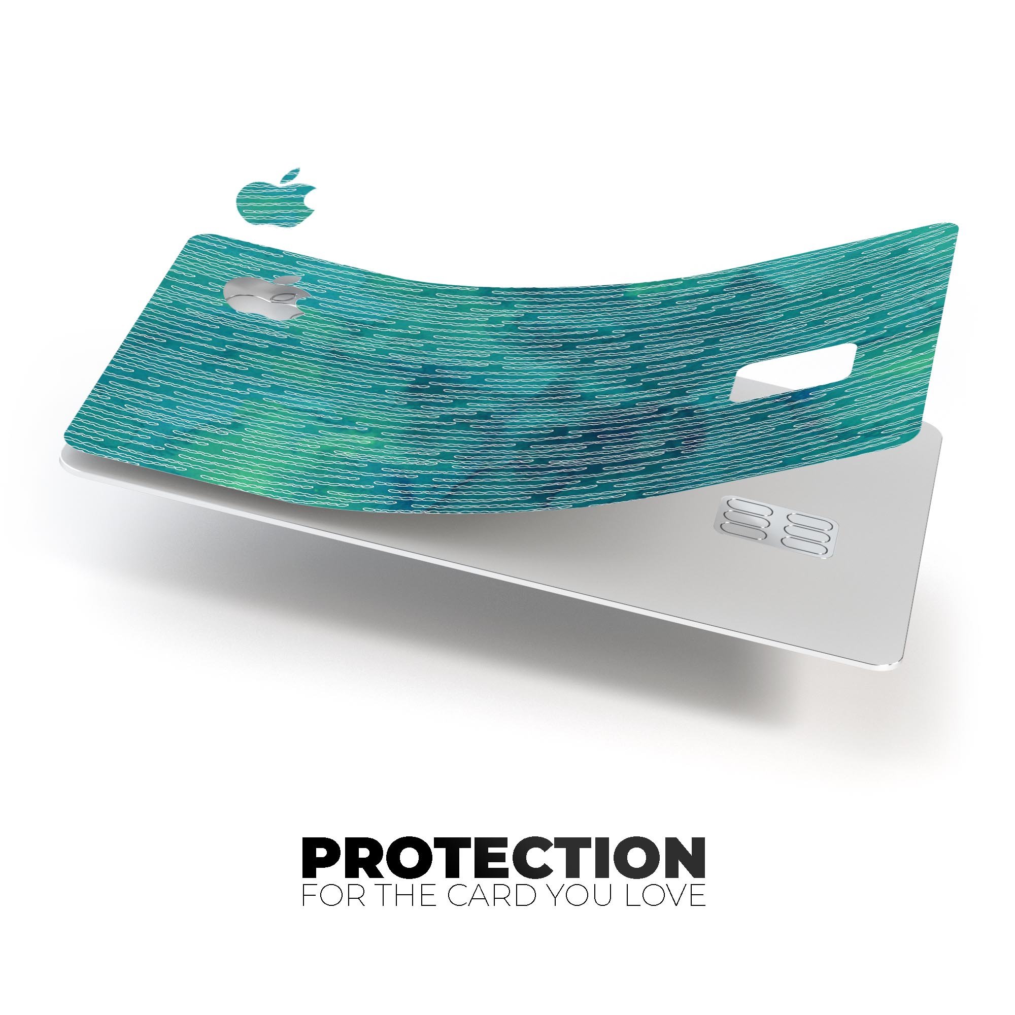 Blue-Green Watercolor Squiggles decal skin for Apple Card, showcasing vibrant colors and a stylish design.