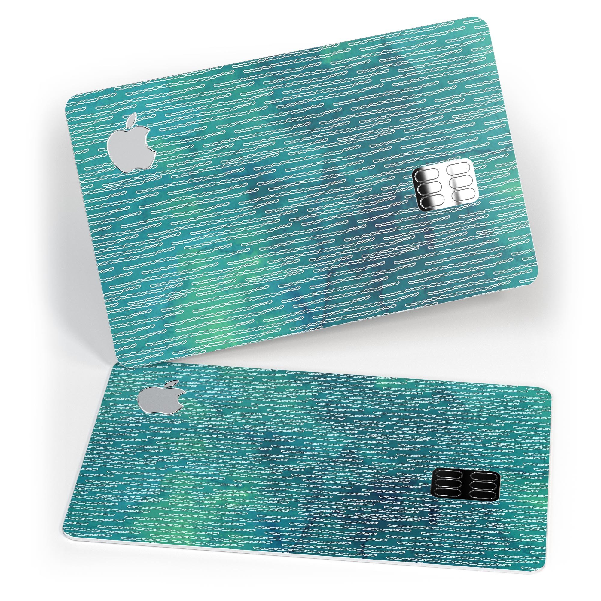 Blue-Green Watercolor Squiggles decal skin for Apple Card, showcasing vibrant colors and a stylish design.