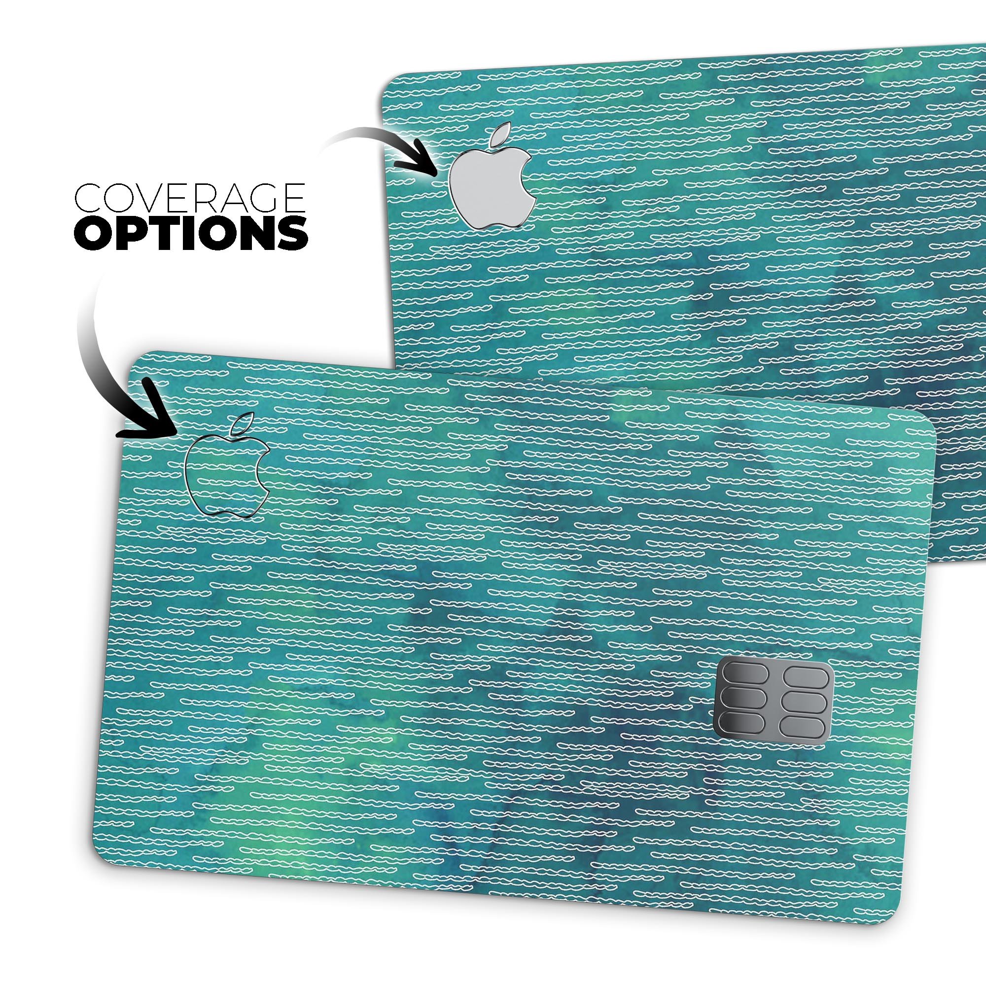 Blue-Green Watercolor Squiggles decal skin for Apple Card, showcasing vibrant colors and a stylish design.