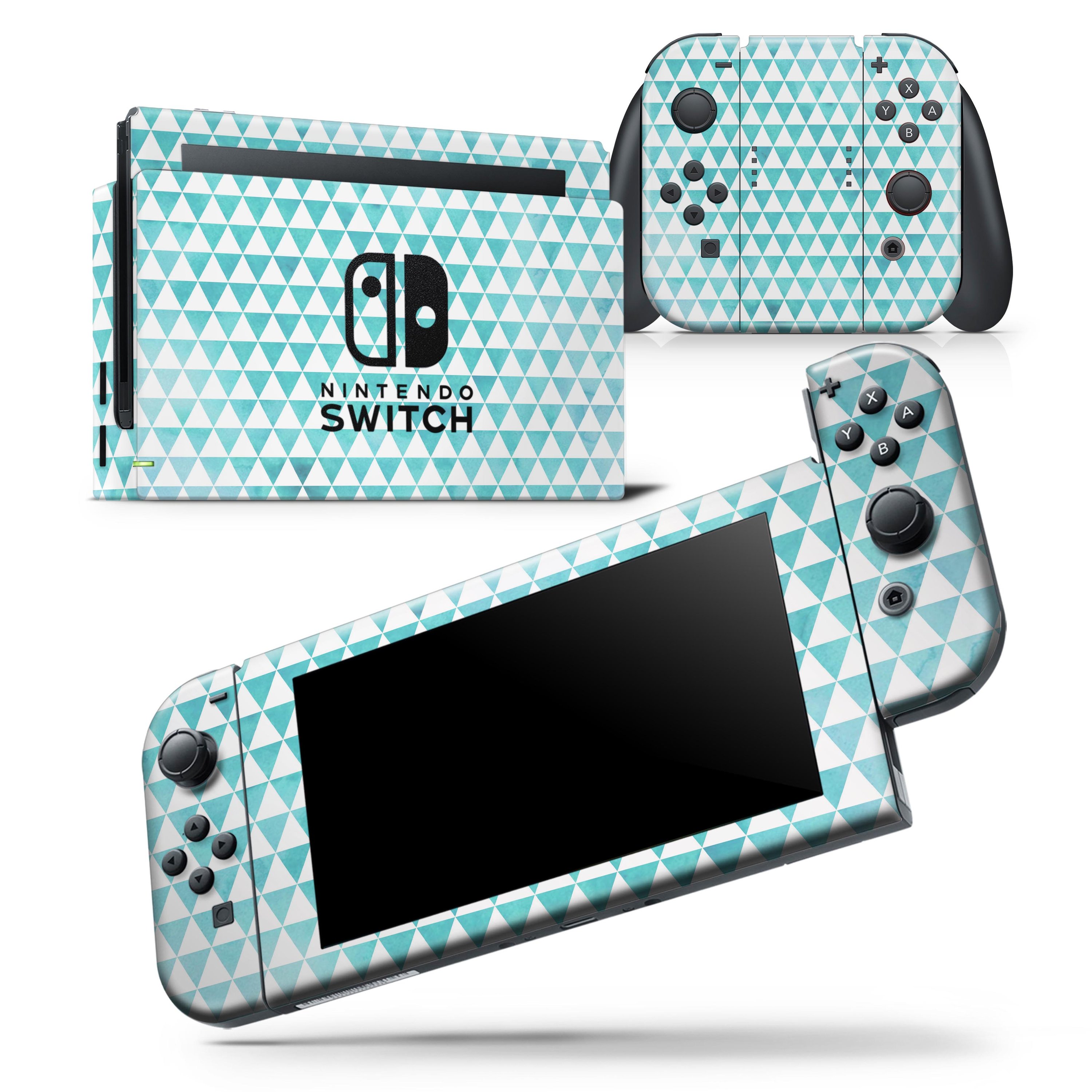 Blue-green watercolor triangle pattern skin wrap decal for Nintendo Switch, showcasing vibrant colors and a sleek design.