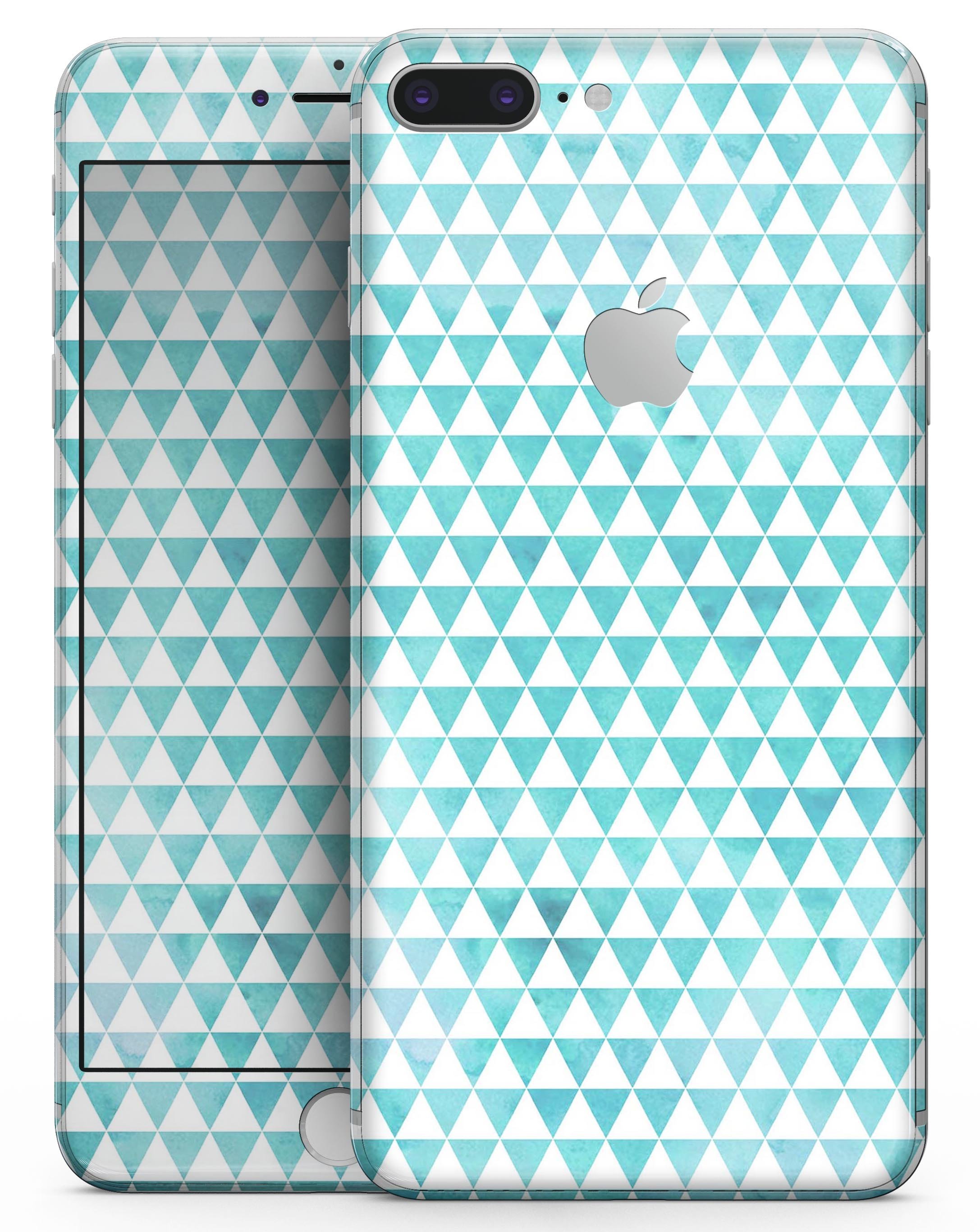 Blue-green watercolor triangle pattern skin for iPhone 8 and 8 Plus, showcasing vibrant colors and artistic design.