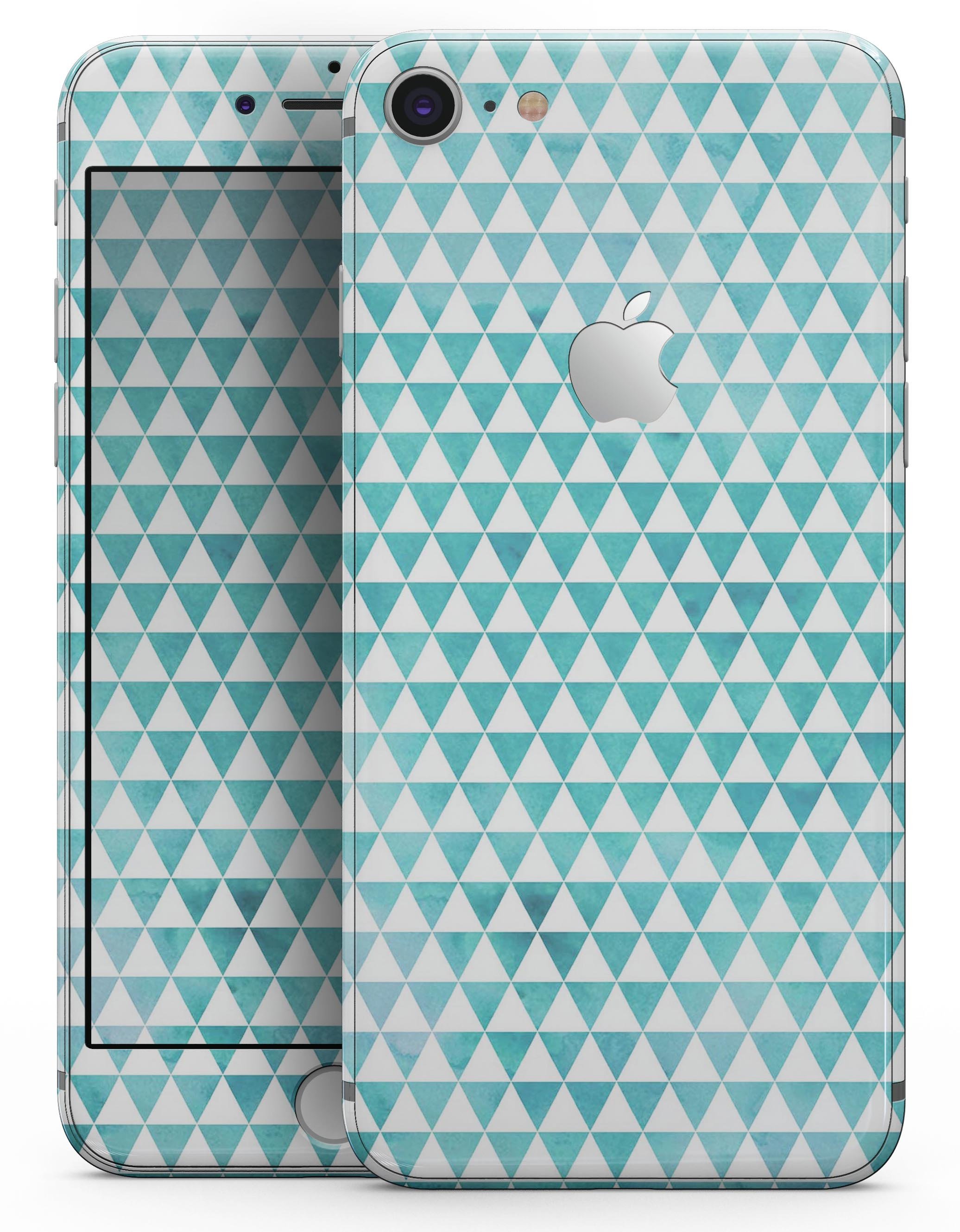 Blue-green watercolor triangle pattern skin for iPhone 8 and 8 Plus, showcasing vibrant colors and artistic design.