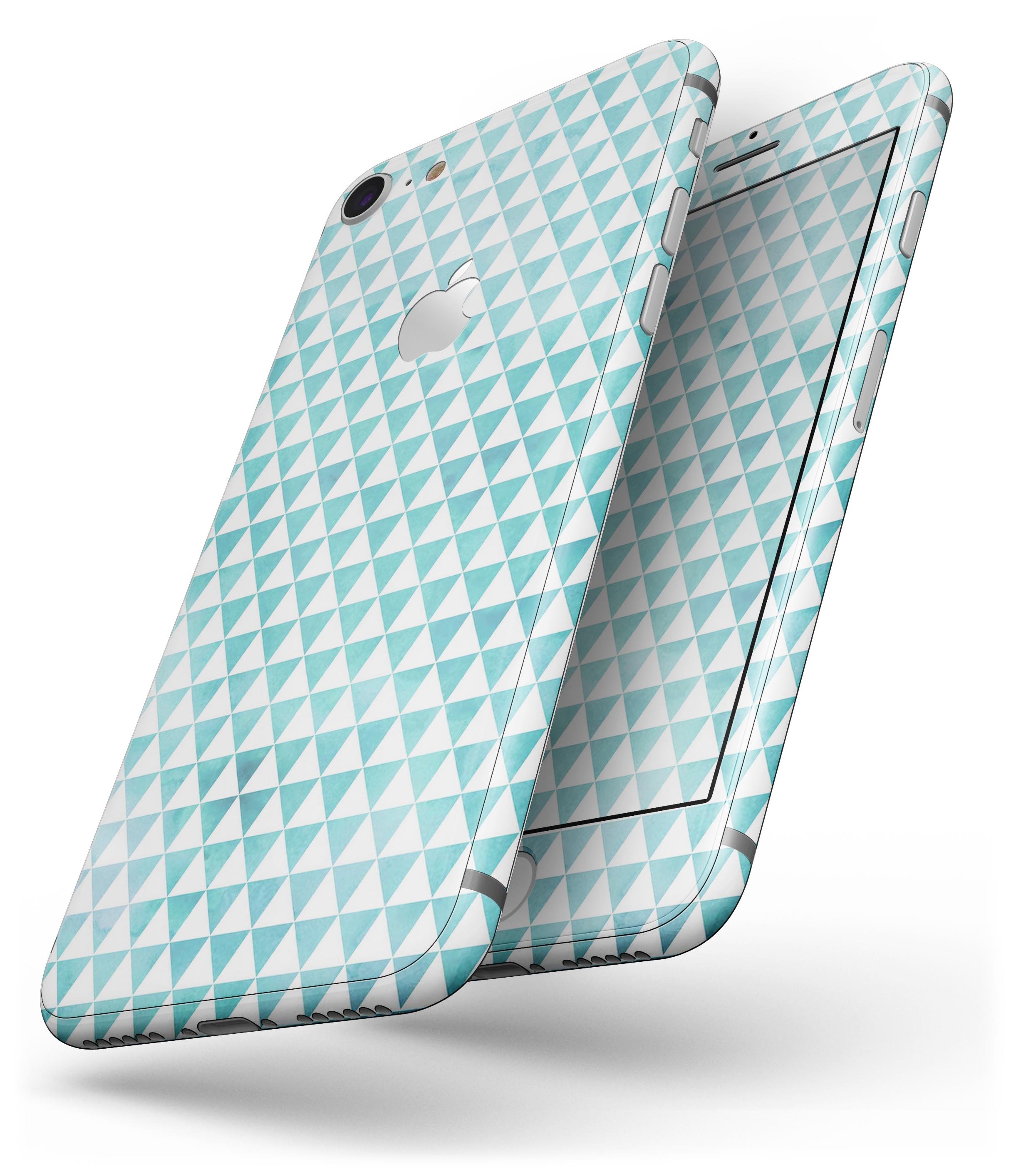 Blue-green watercolor triangle pattern skin for iPhone 8 and 8 Plus, showcasing vibrant colors and artistic design.