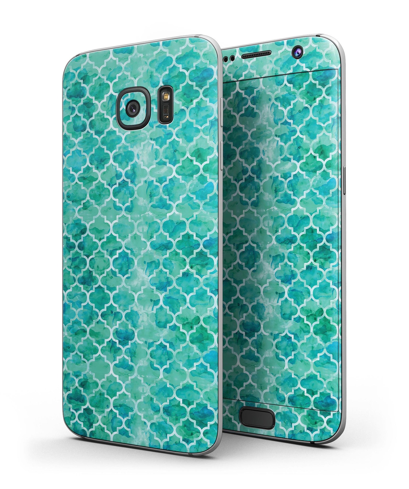 Blue-green watercolor triangle pattern skin for Samsung Galaxy S7 and S7 Edge, showcasing vibrant colors and precise cuts.