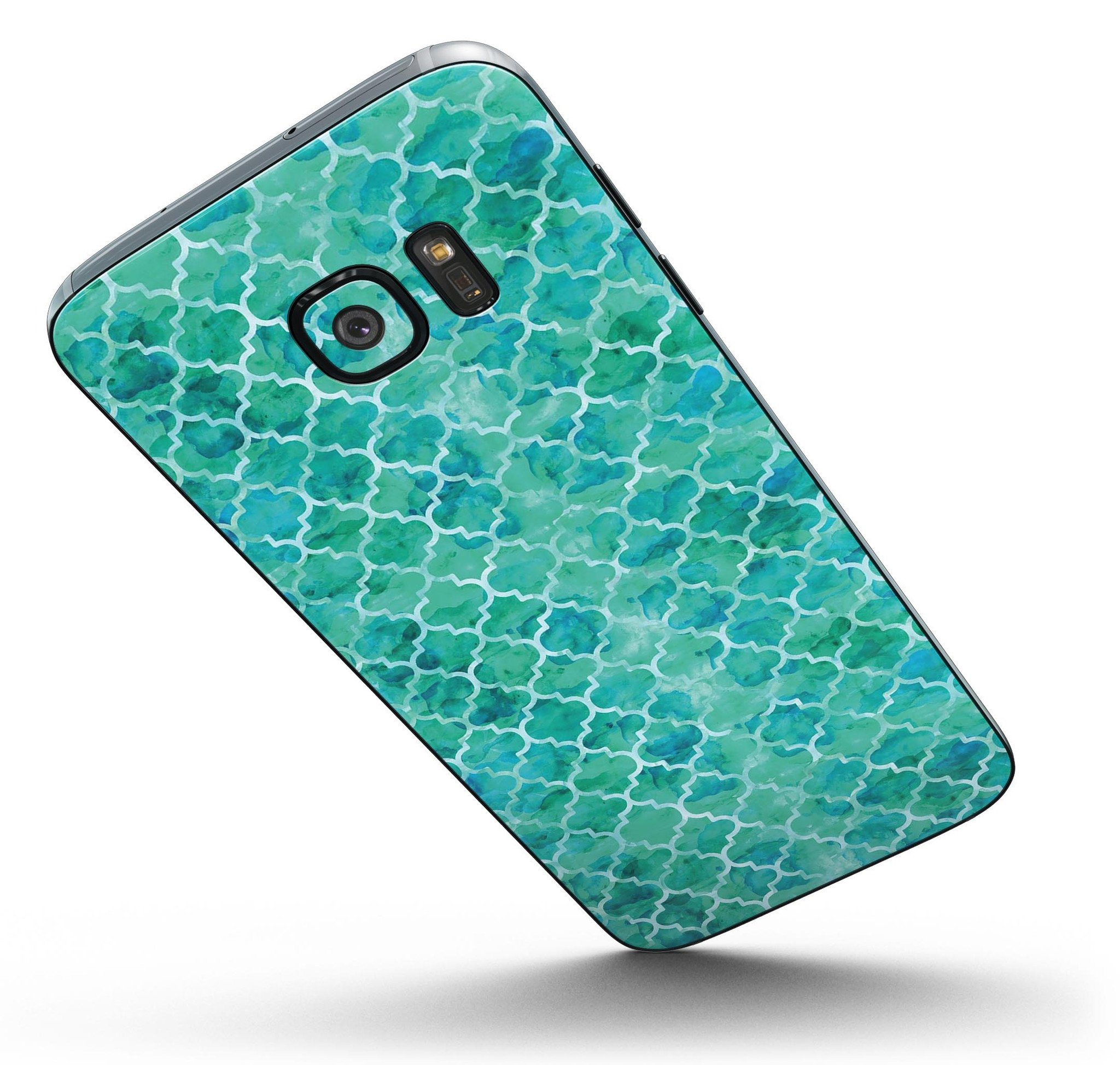 Blue-green watercolor triangle pattern skin for Samsung Galaxy S7 and S7 Edge, showcasing vibrant colors and precise cuts.