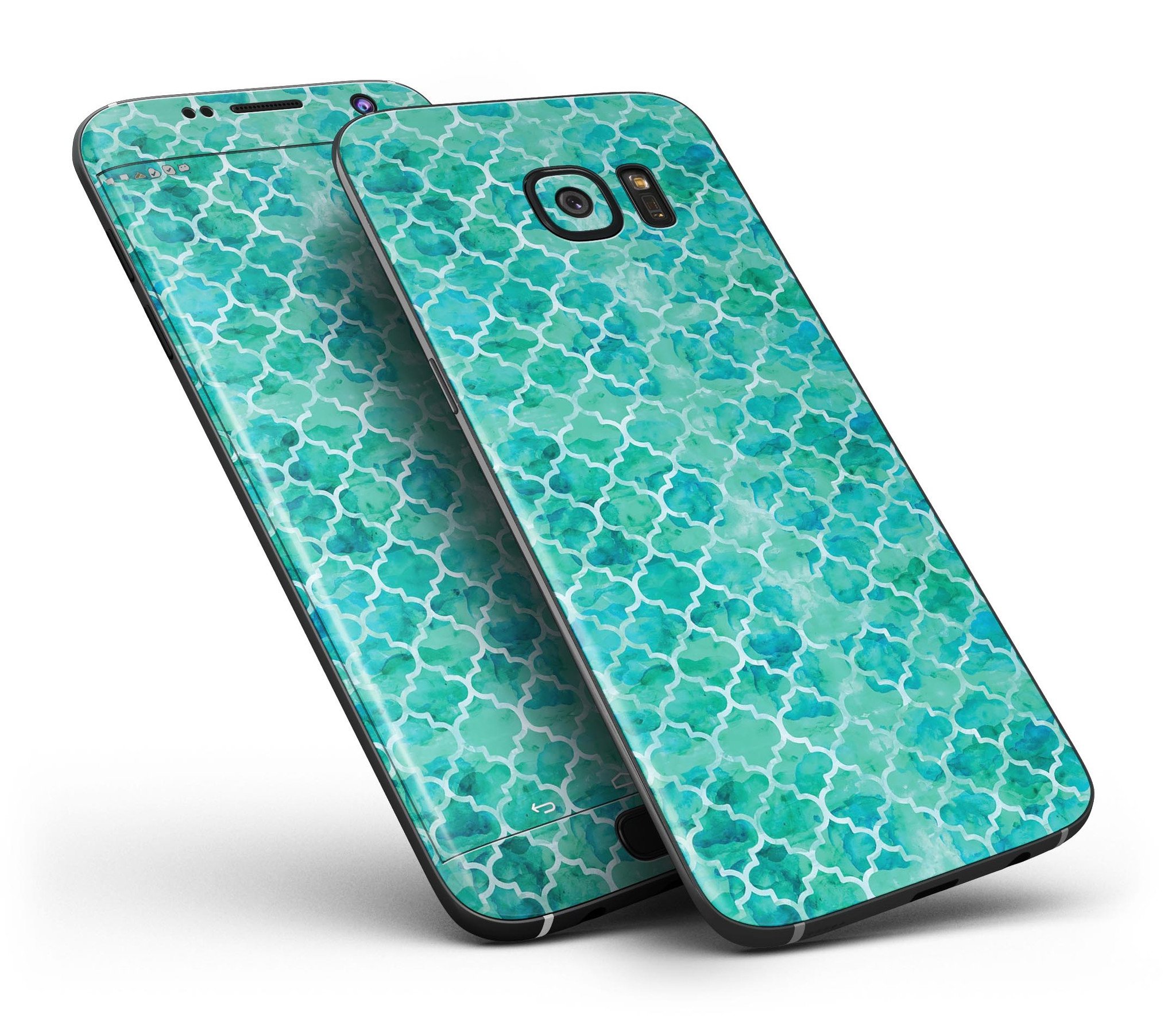 Blue-green watercolor triangle pattern skin for Samsung Galaxy S7 and S7 Edge, showcasing vibrant colors and precise cuts.