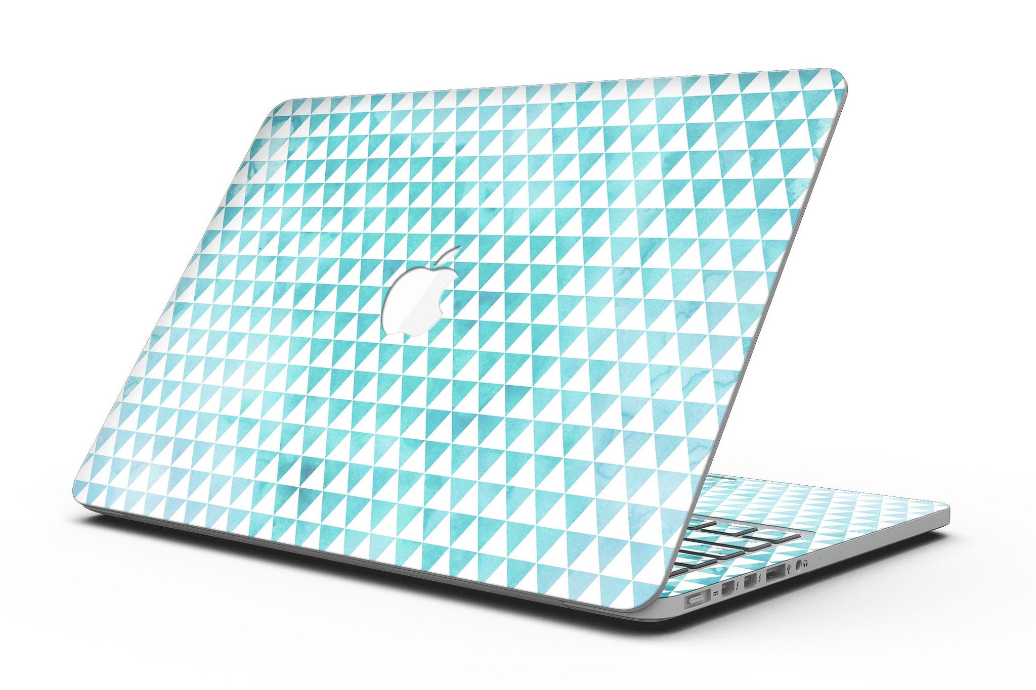 Blue-green watercolor triangle pattern skin for MacBook Pro with Retina Display, showcasing vibrant colors and artistic design.