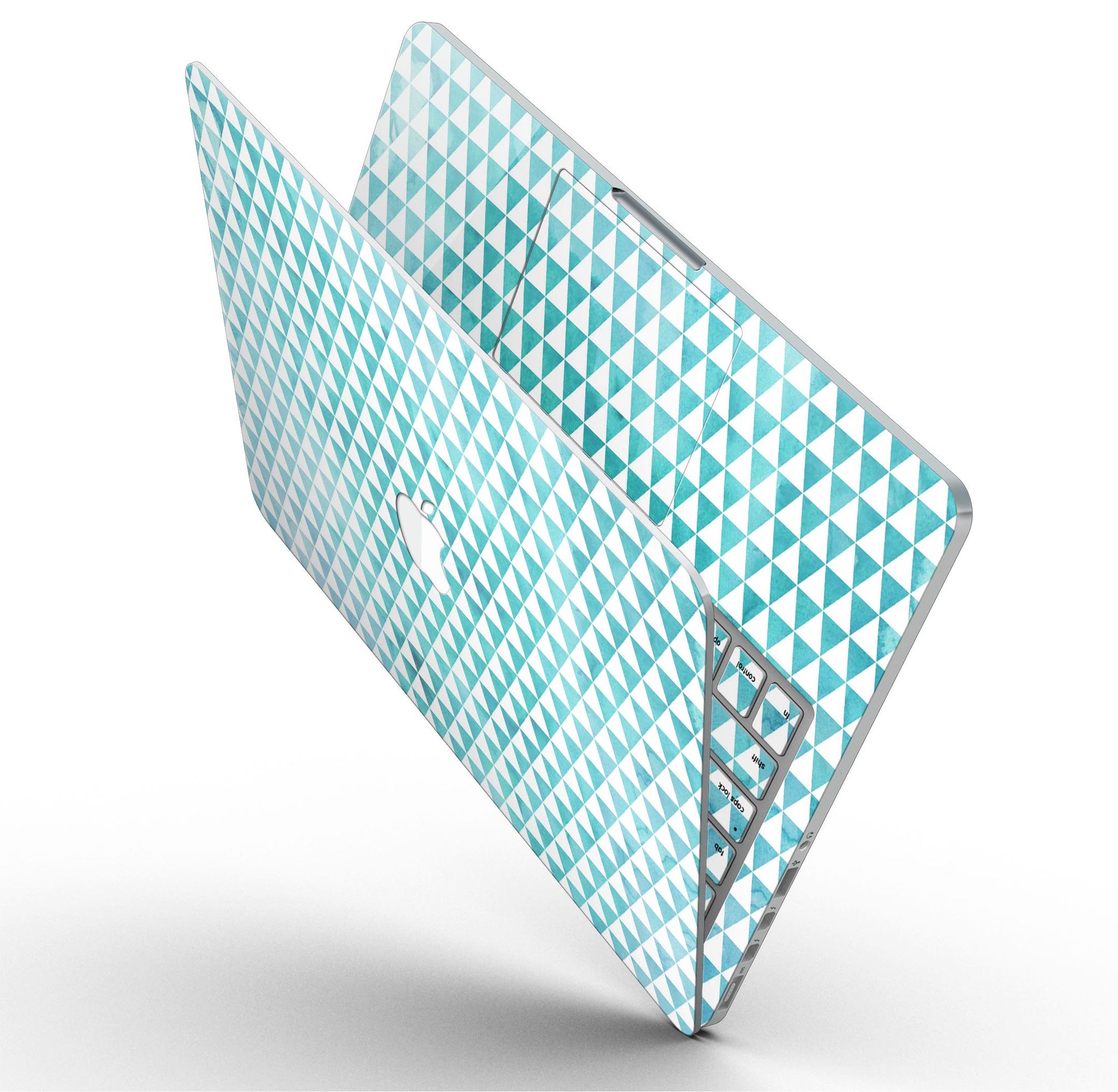 Blue-green watercolor triangle pattern skin for MacBook Pro with Retina Display, showcasing vibrant colors and artistic design.