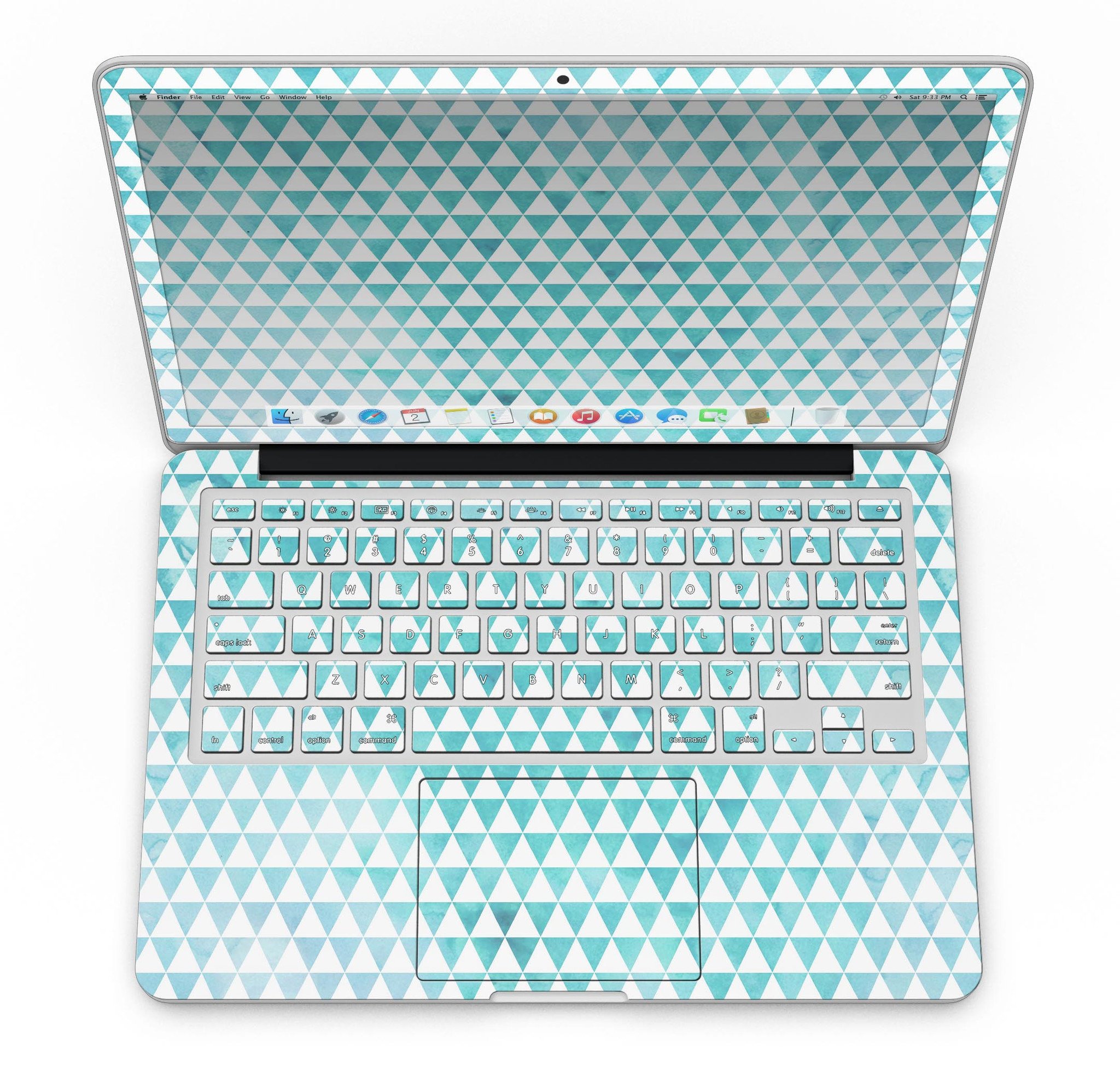 Blue-green watercolor triangle pattern skin for MacBook Pro with Retina Display, showcasing vibrant colors and artistic design.