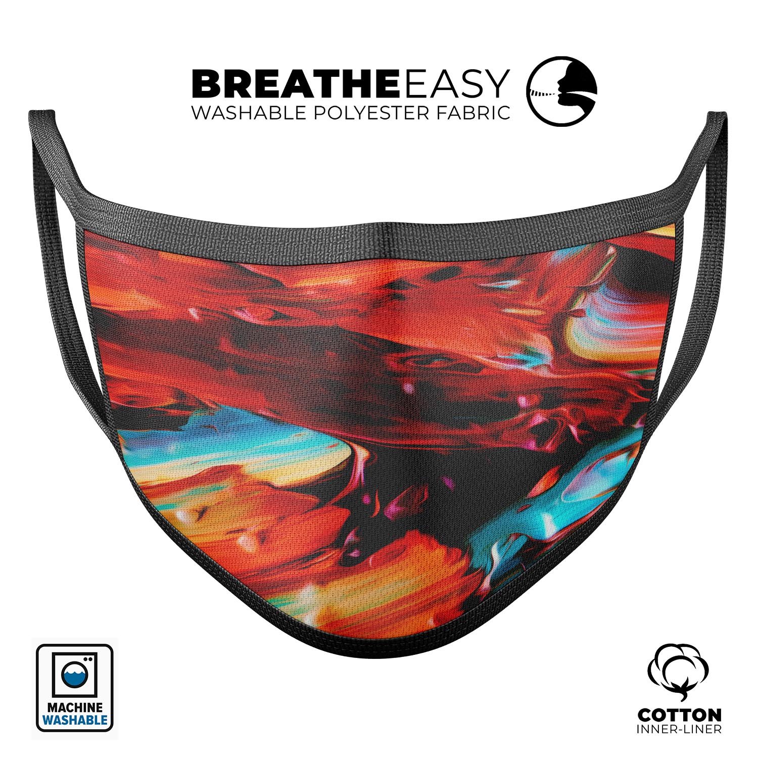 Blurred Abstract Flow V1 mouth cover, showcasing a stylish design with adjustable ear loops, made from soft cotton and memory foam.