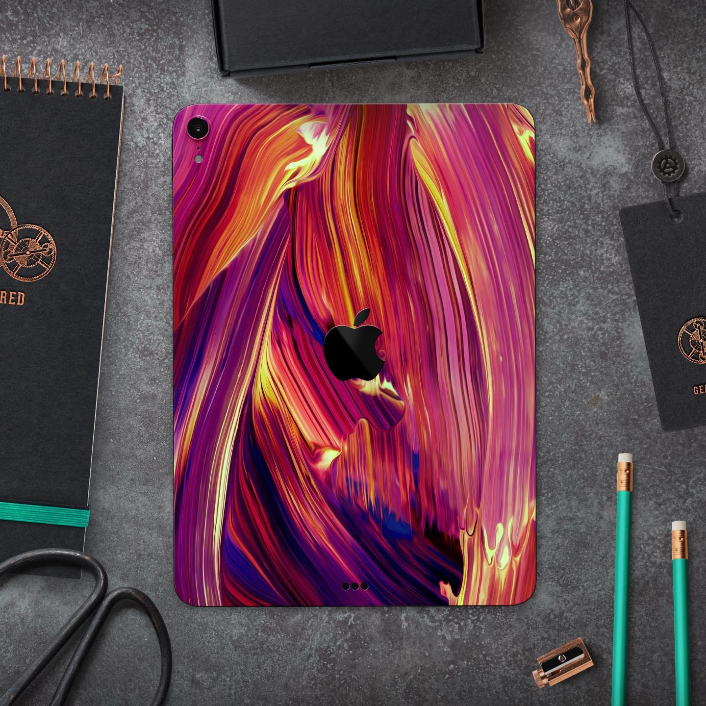 Blurred Abstract Flow V17 skin decal for Apple iPad, showcasing a vibrant abstract design with a smooth finish.