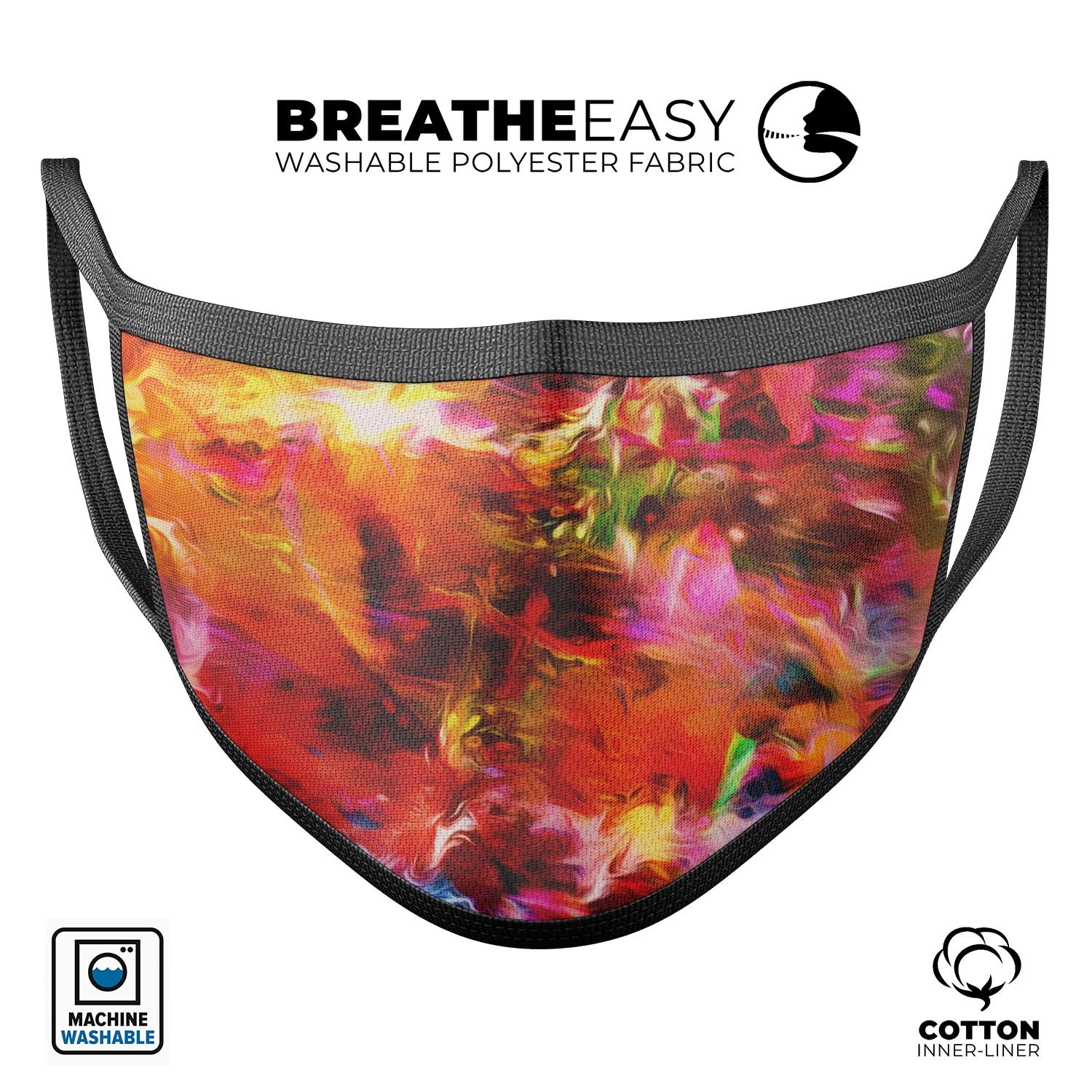 Blurred Abstract Flow V2 mouth cover, unisex anti-dust mask made in the USA, featuring a vibrant abstract design and adjustable ear loops.