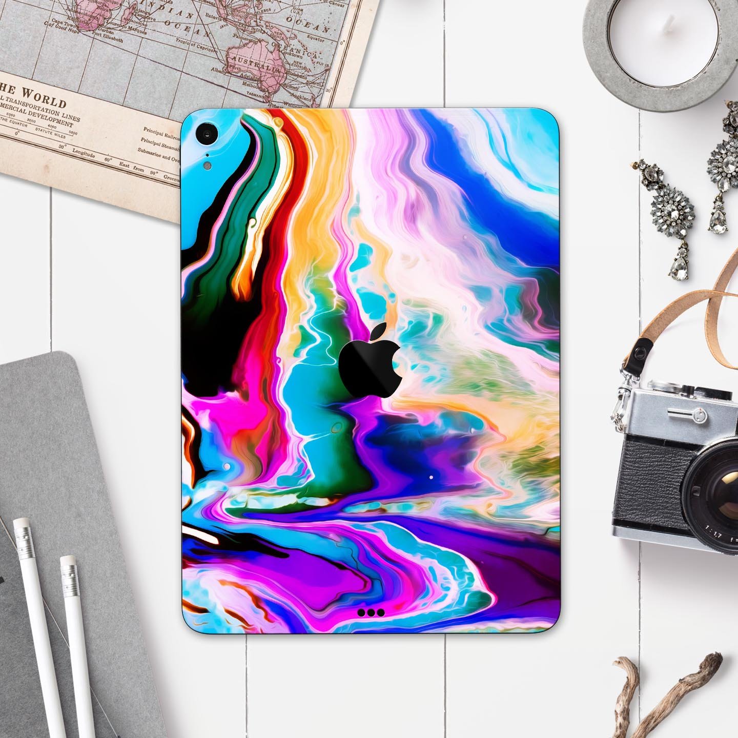 Blurred Abstract Flow V33 skin decal for Apple iPad, showcasing a vibrant abstract design with a smooth finish.