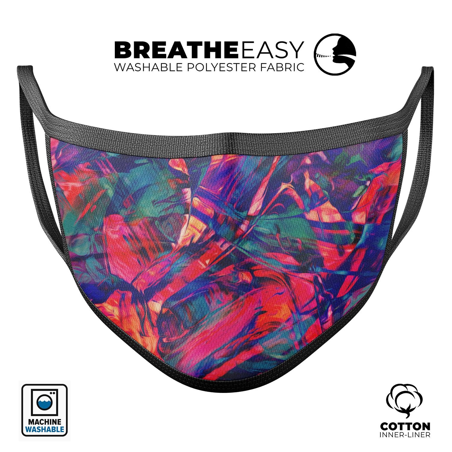 Blurred Abstract Flow V44 mouth cover, featuring a stylish design, adjustable ear loops, and made from soft cotton for comfort.