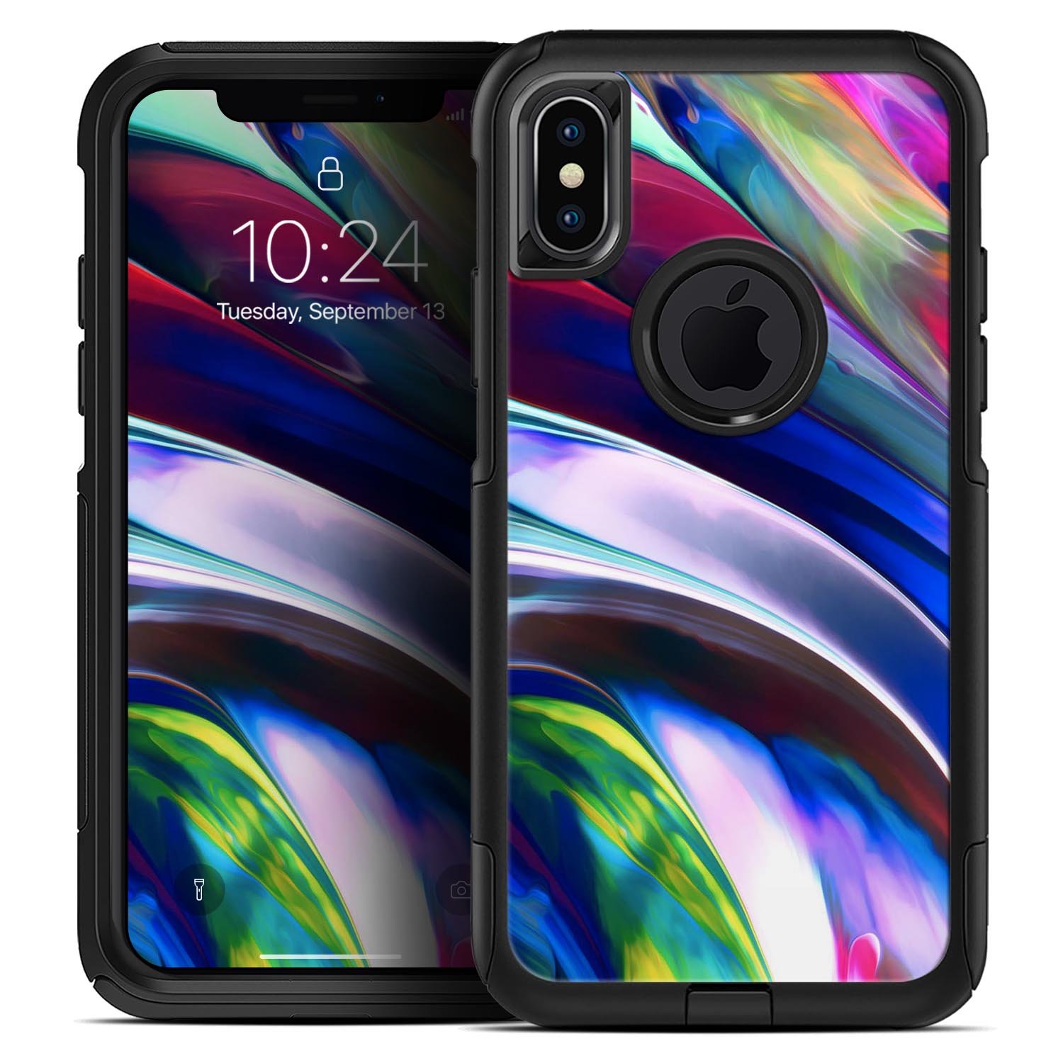 Blurred Abstract Flow V42 Skin Kit designed for iPhone OtterBox cases, showcasing a vibrant abstract design with dual-layer protection.