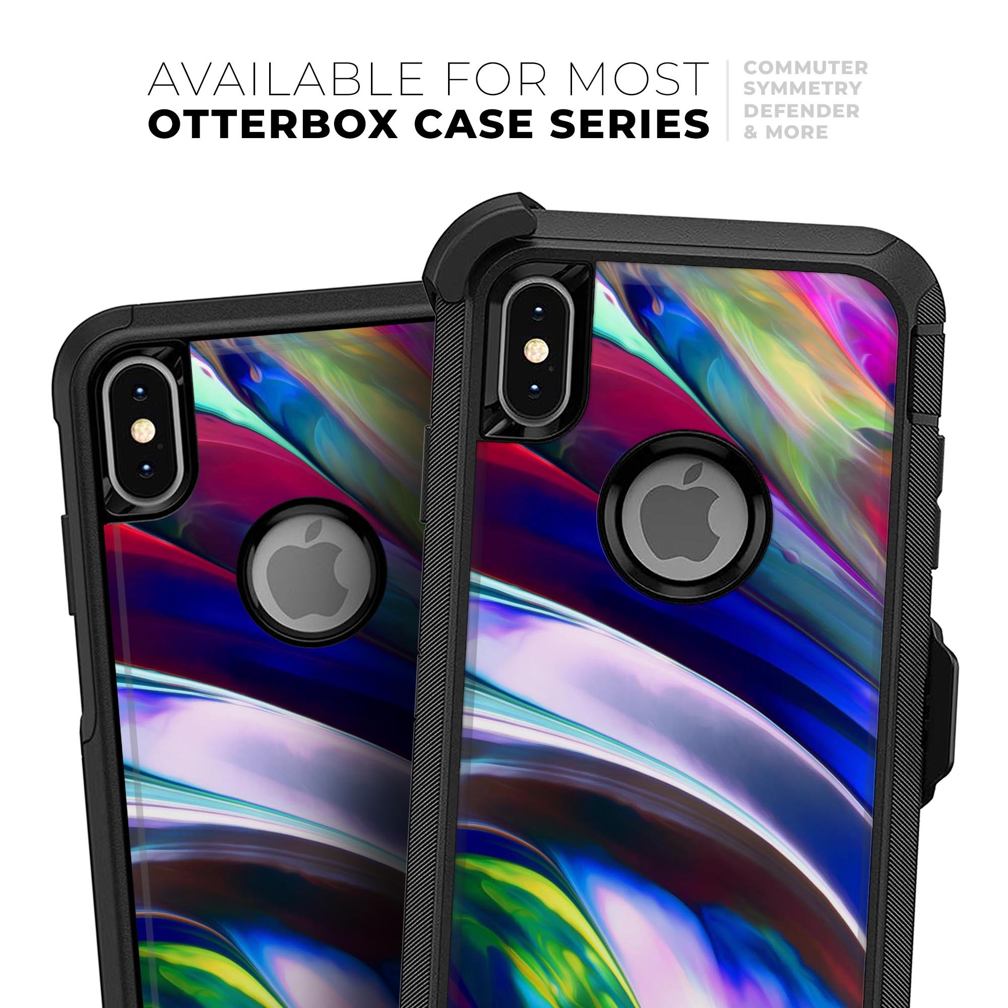 Blurred Abstract Flow V42 Skin Kit designed for iPhone OtterBox cases, showcasing a vibrant abstract design with dual-layer protection.