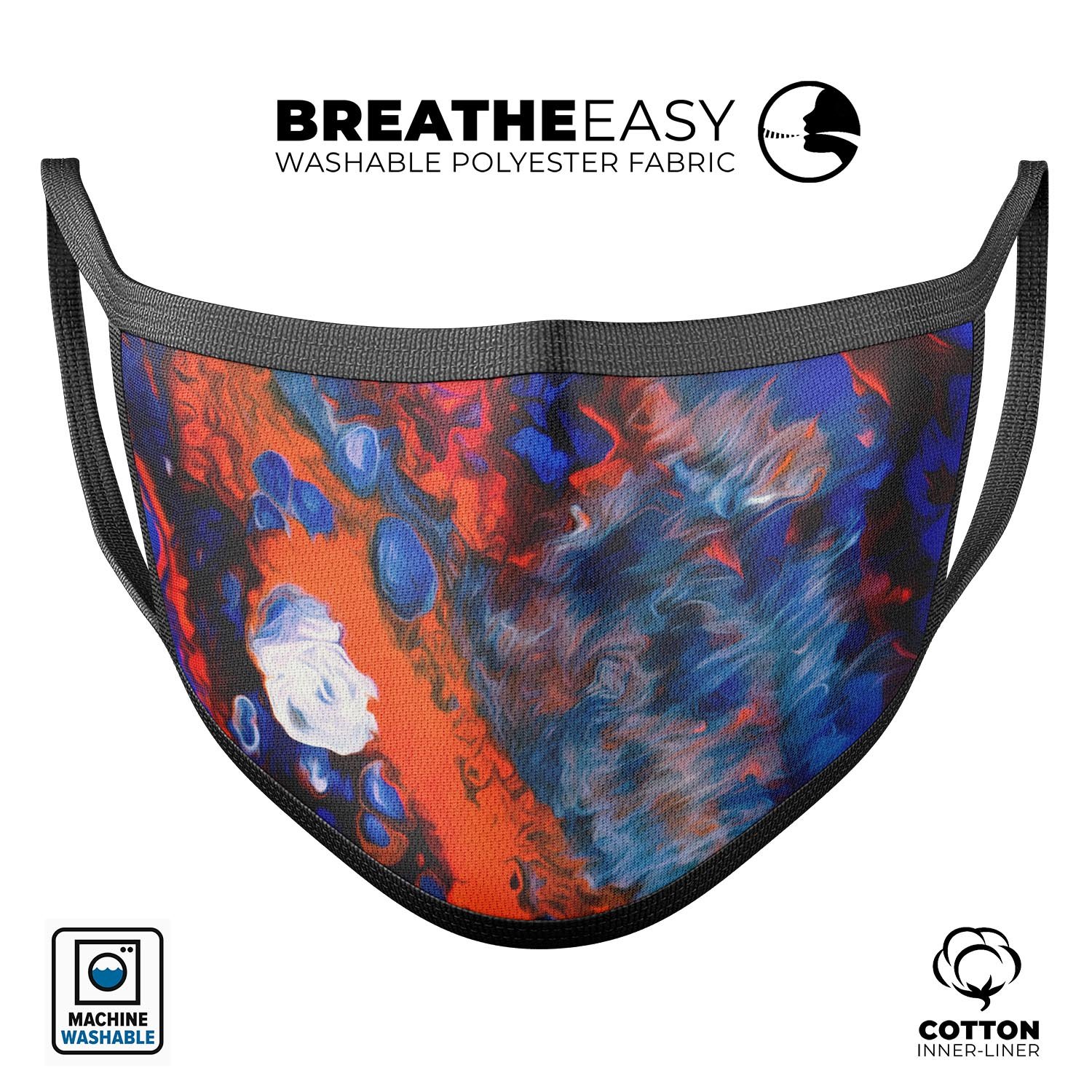 Blurred Abstract Flow V43 mouth cover, showcasing a vibrant abstract design, made from soft cotton and featuring adjustable ear-loop bands.