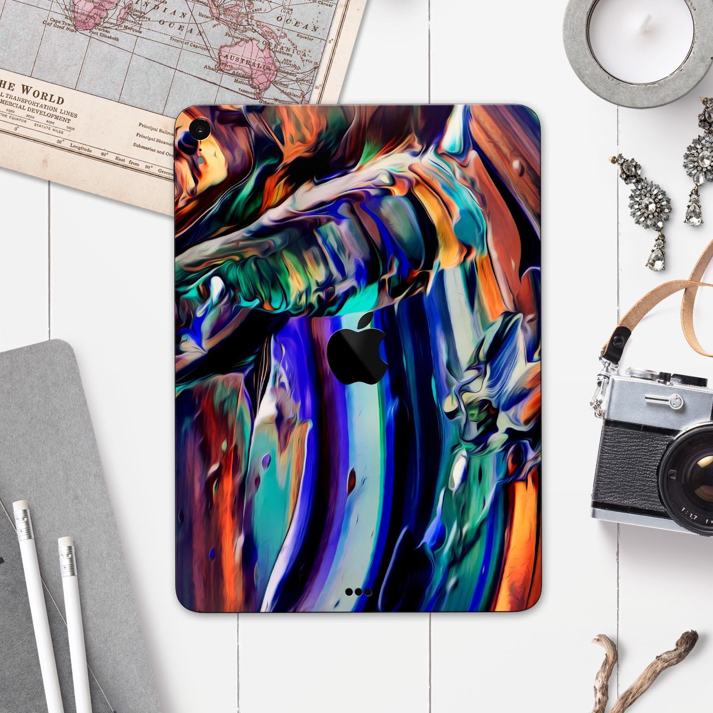 Blurred Abstract Flow V49 skin decal for Apple iPad, showcasing a vibrant abstract design with a smooth finish.