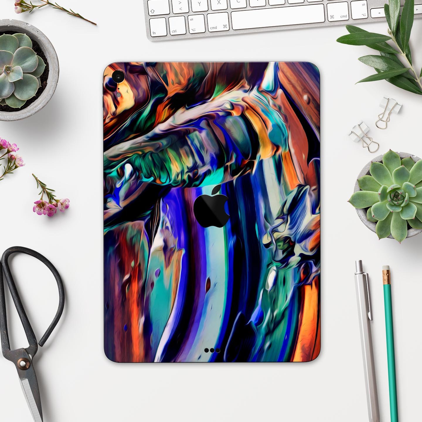 Blurred Abstract Flow V49 skin decal for Apple iPad, showcasing a vibrant abstract design with a smooth finish.