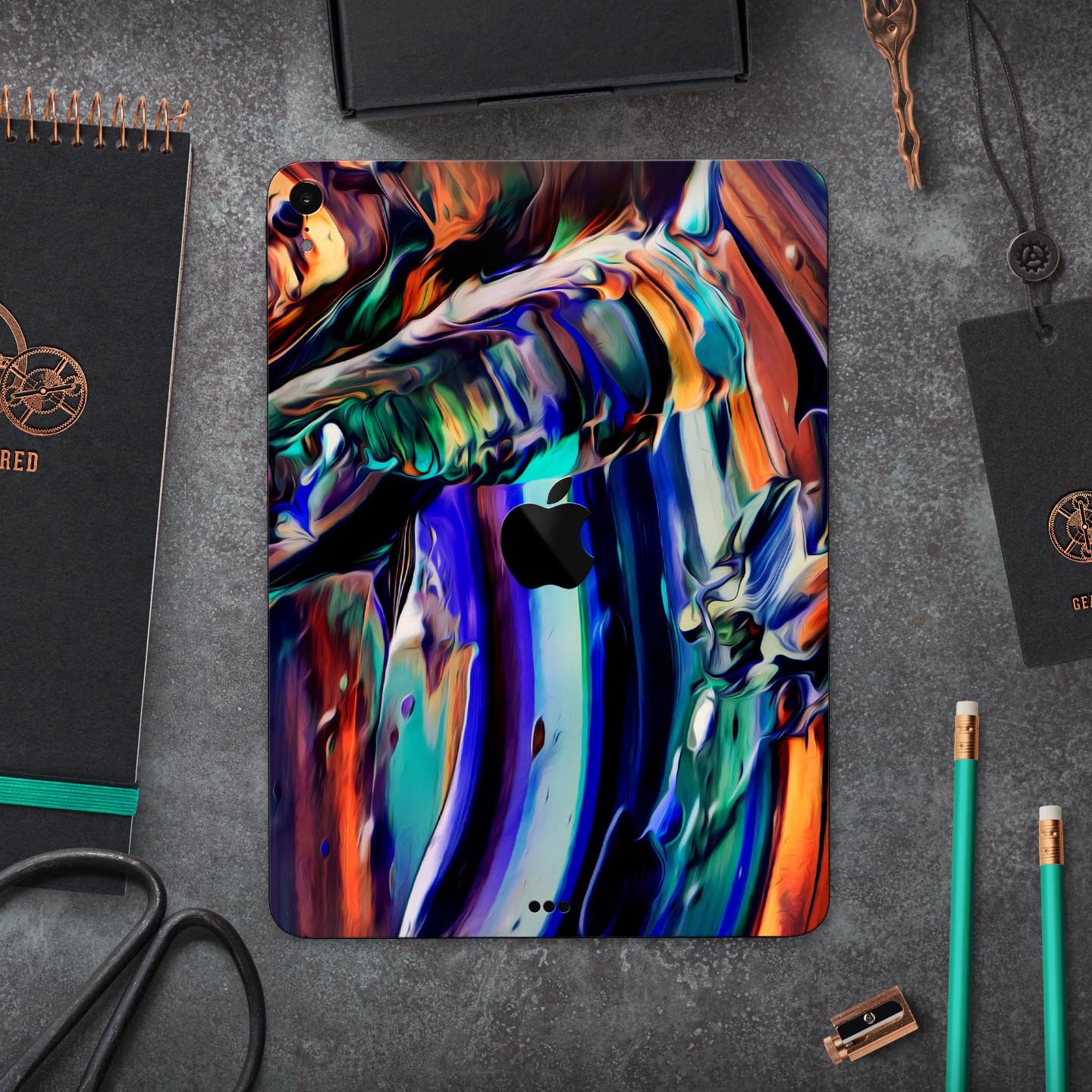 Blurred Abstract Flow V49 skin decal for Apple iPad, showcasing a vibrant abstract design with a smooth finish.